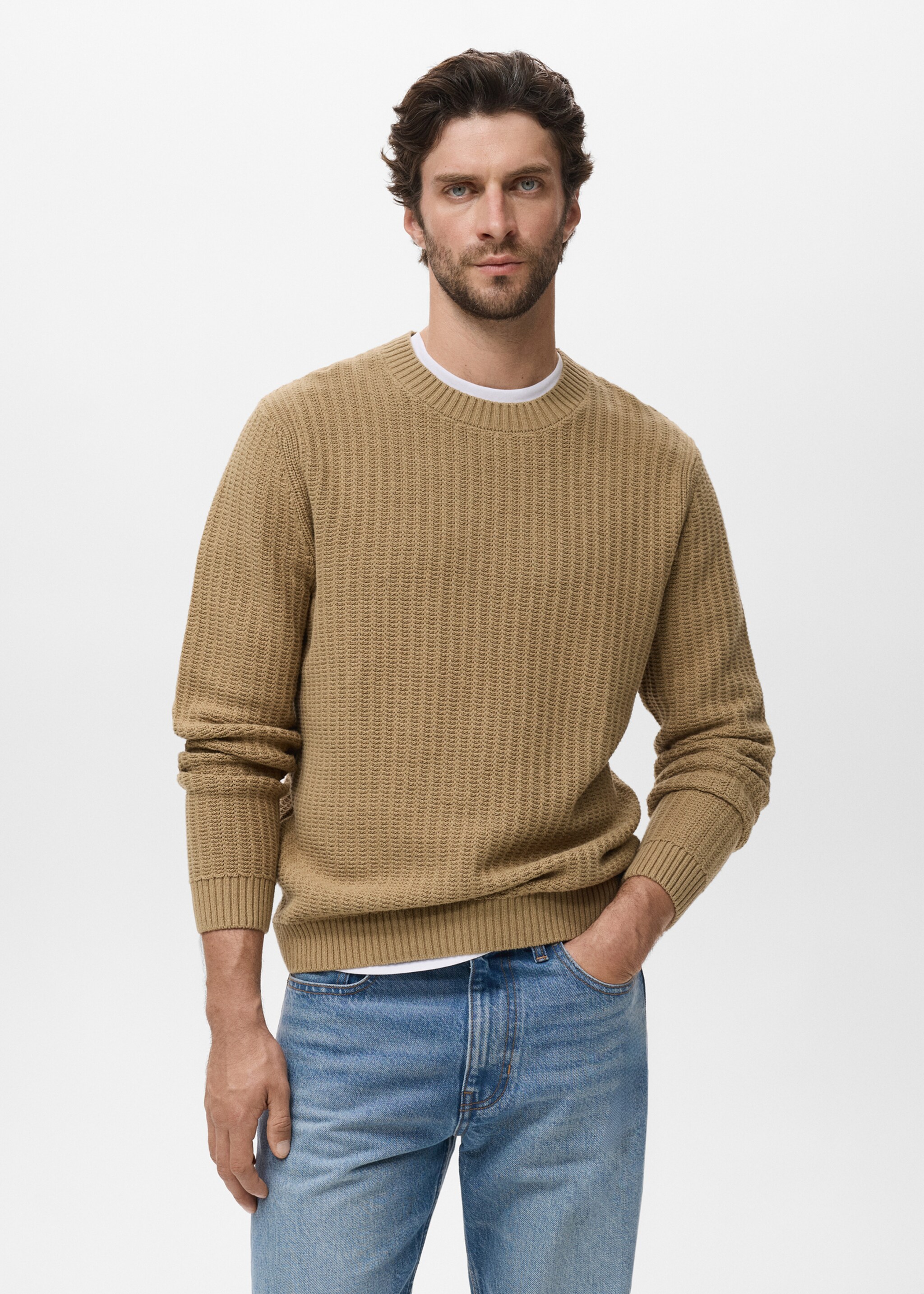 Pull-over 100 % coton maille - Plan moyen, Beige. Ref: 17075147-00.