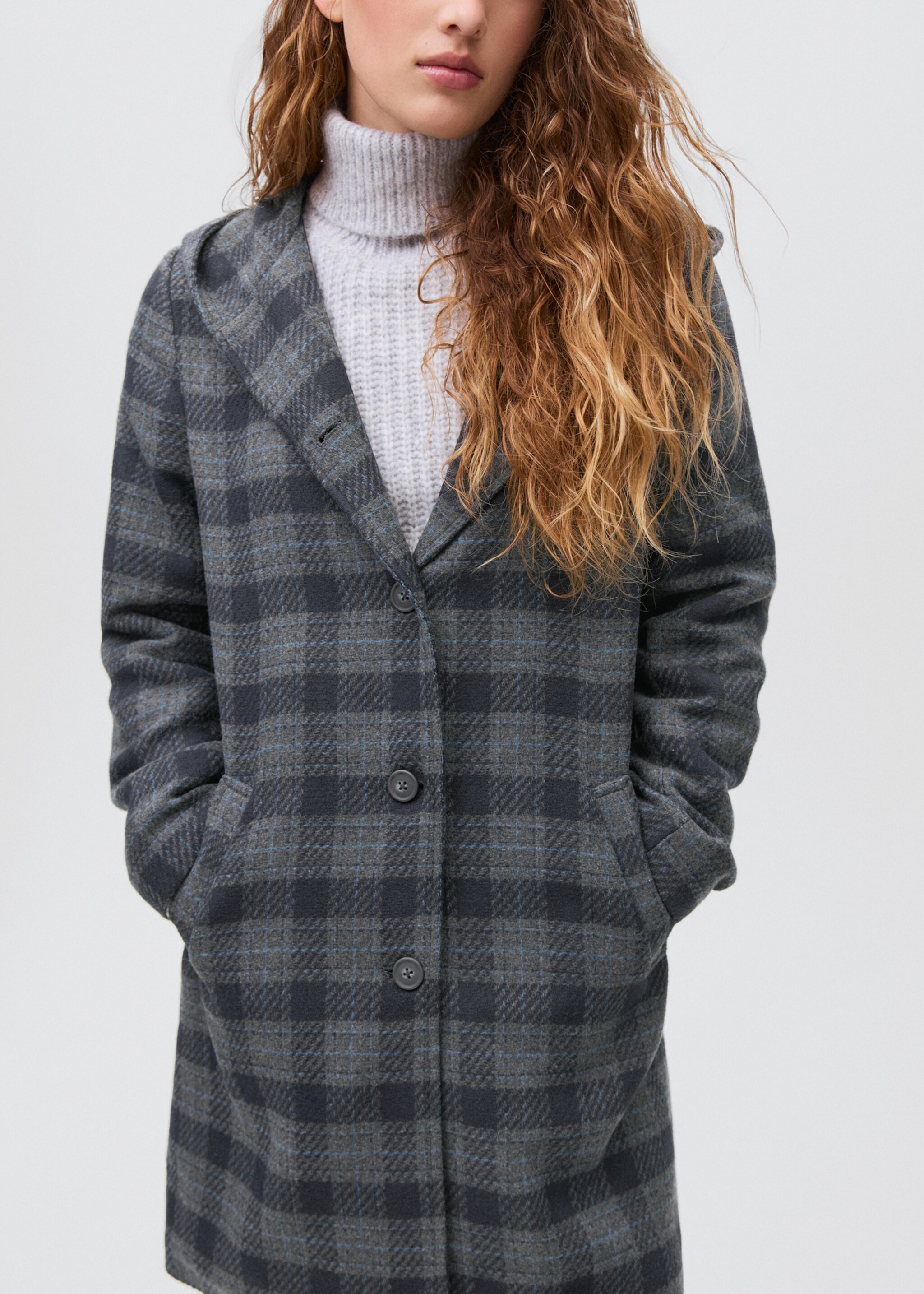 Check-print cloth coat - Medium plane, Navy. Ref: 17075787-00.