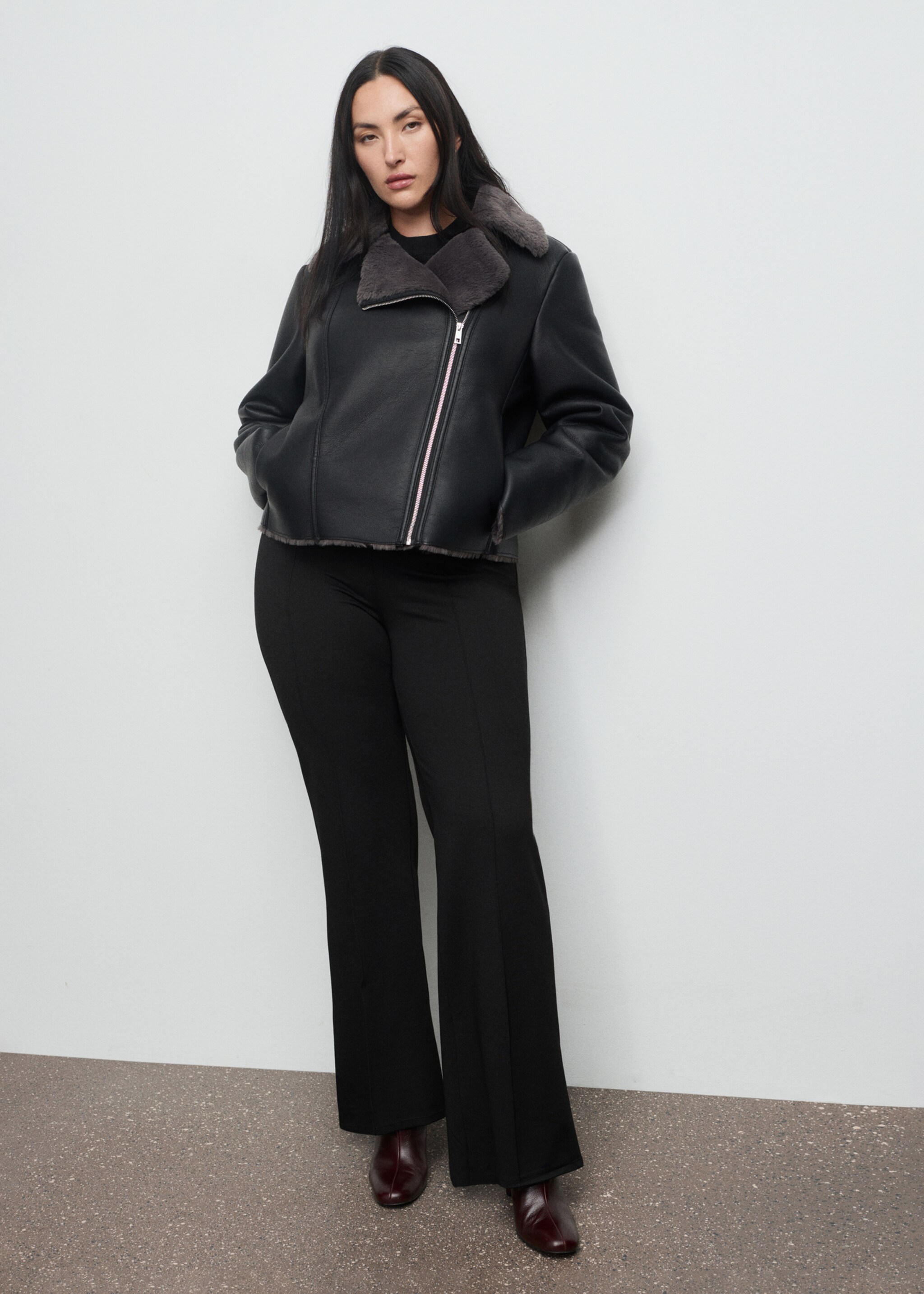 Fur-effect biker jacket - Details of the article 3, Black. Ref: 17075796-00.