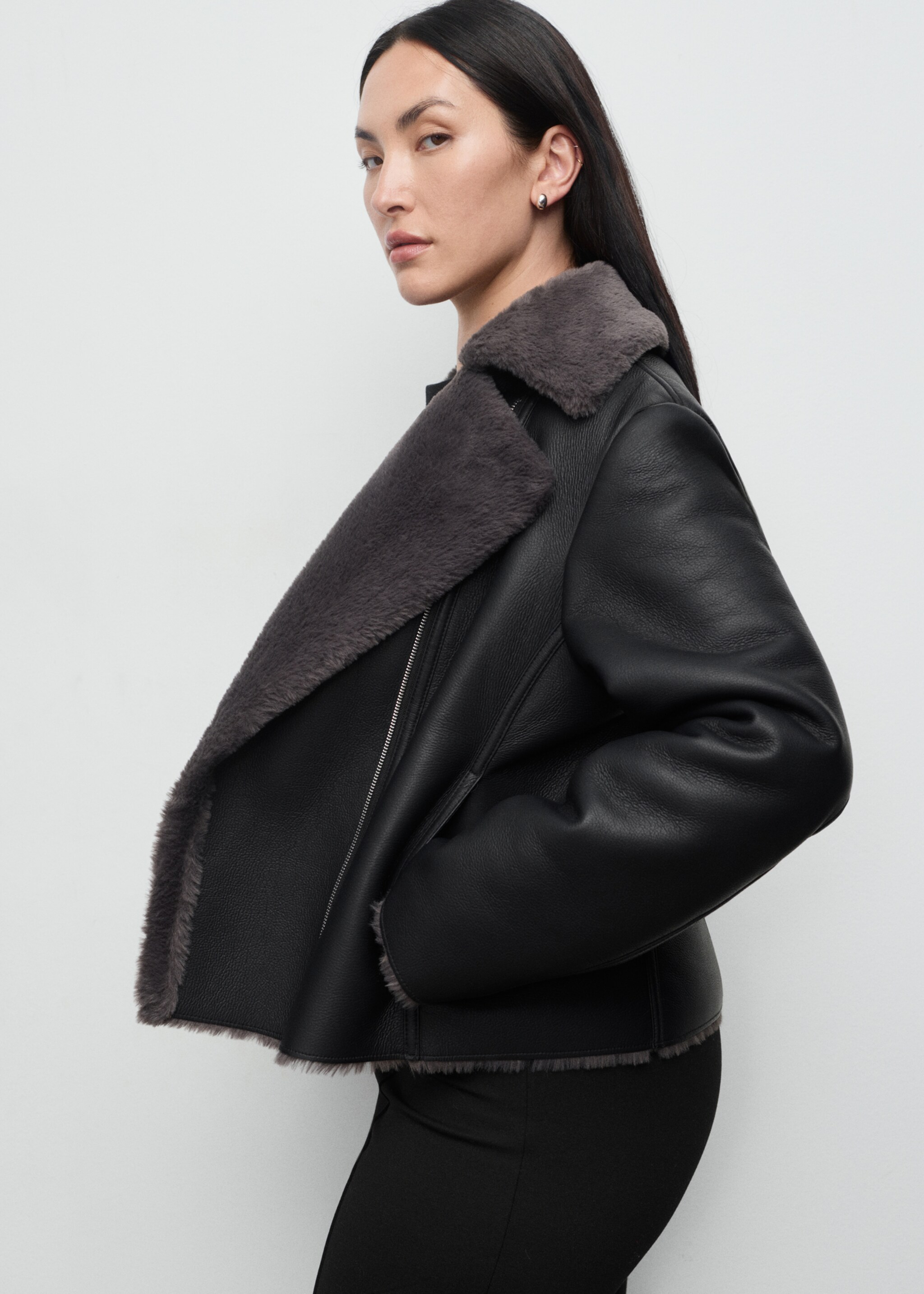 Fur-effect biker jacket - Details of the article 5, Black. Ref: 17075796-00.