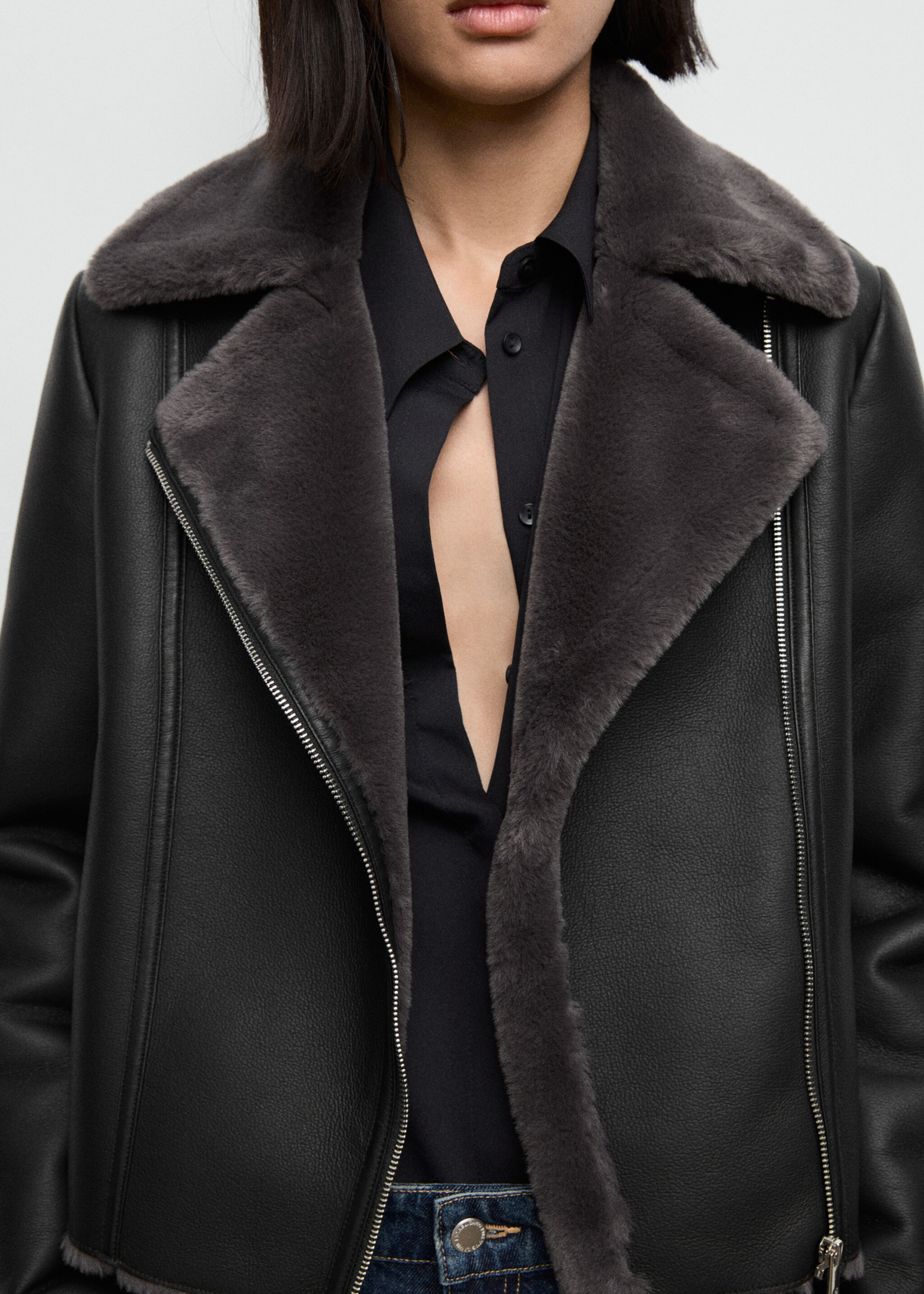 Fur-effect biker jacket - Details of the article 6, Black. Ref: 17075796-00.