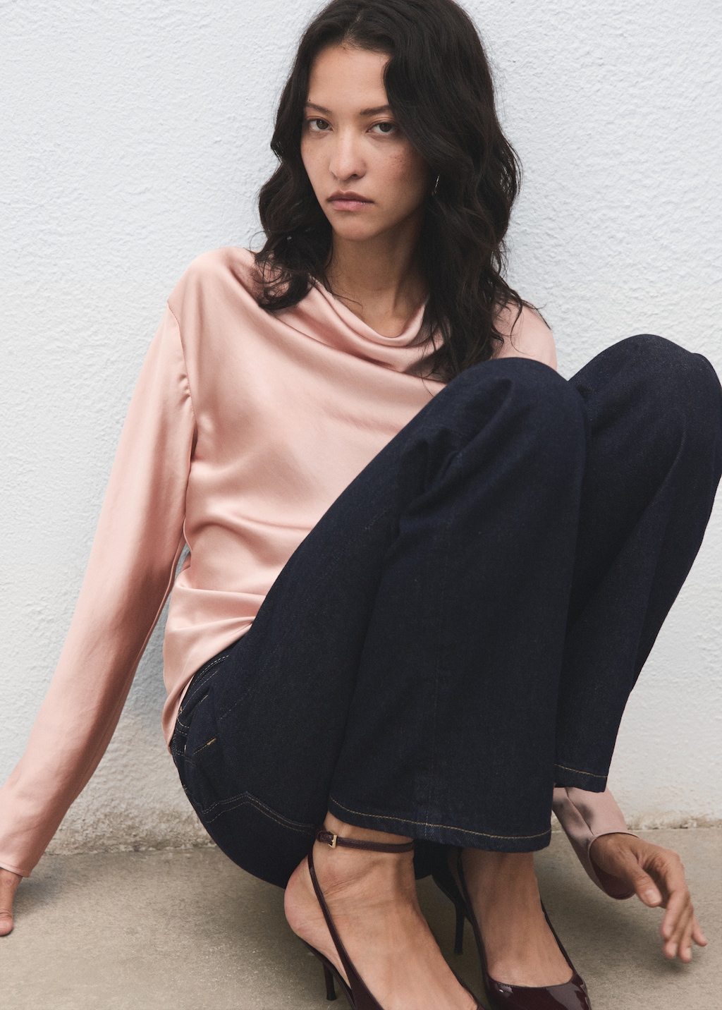 Satin blouse with draped neck