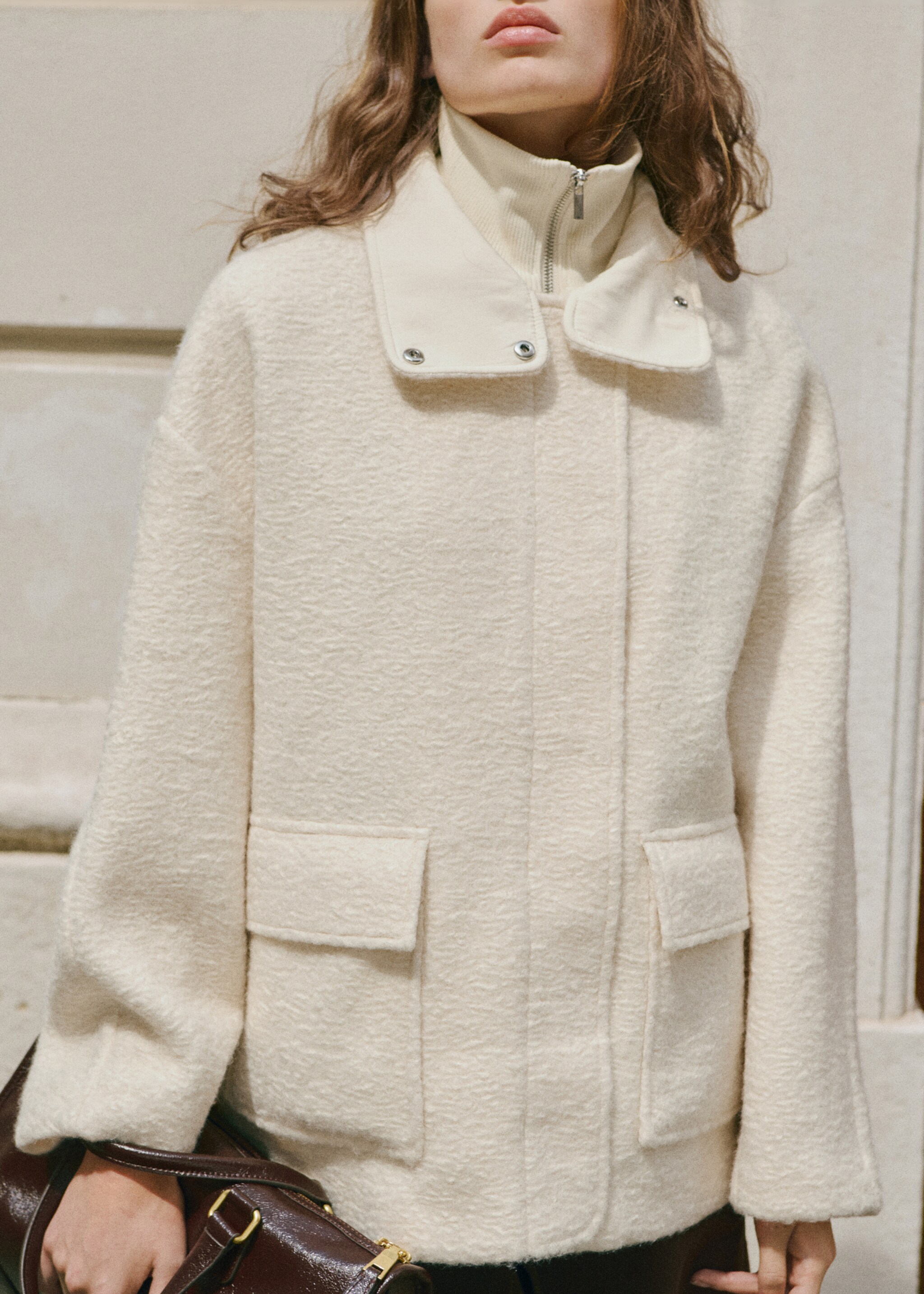 Bouclé jacket with high neck - Medium plane, Ecru. Ref: 17075820-00.