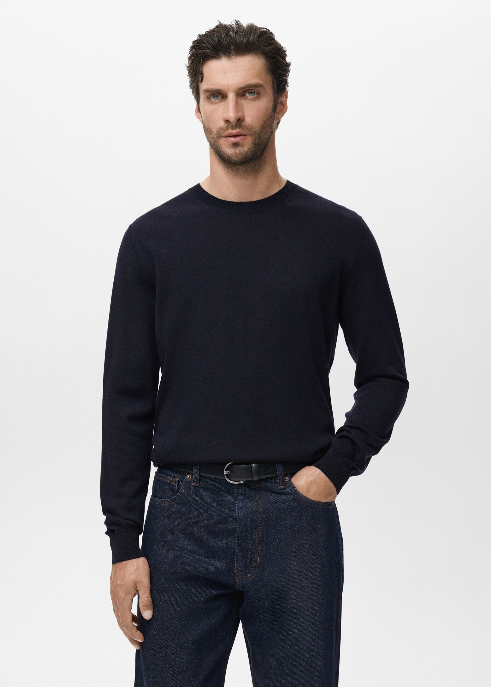 Pull-over 100 % laine col rond - Plan moyen, Bleu marine. Ref: 17075970-00.