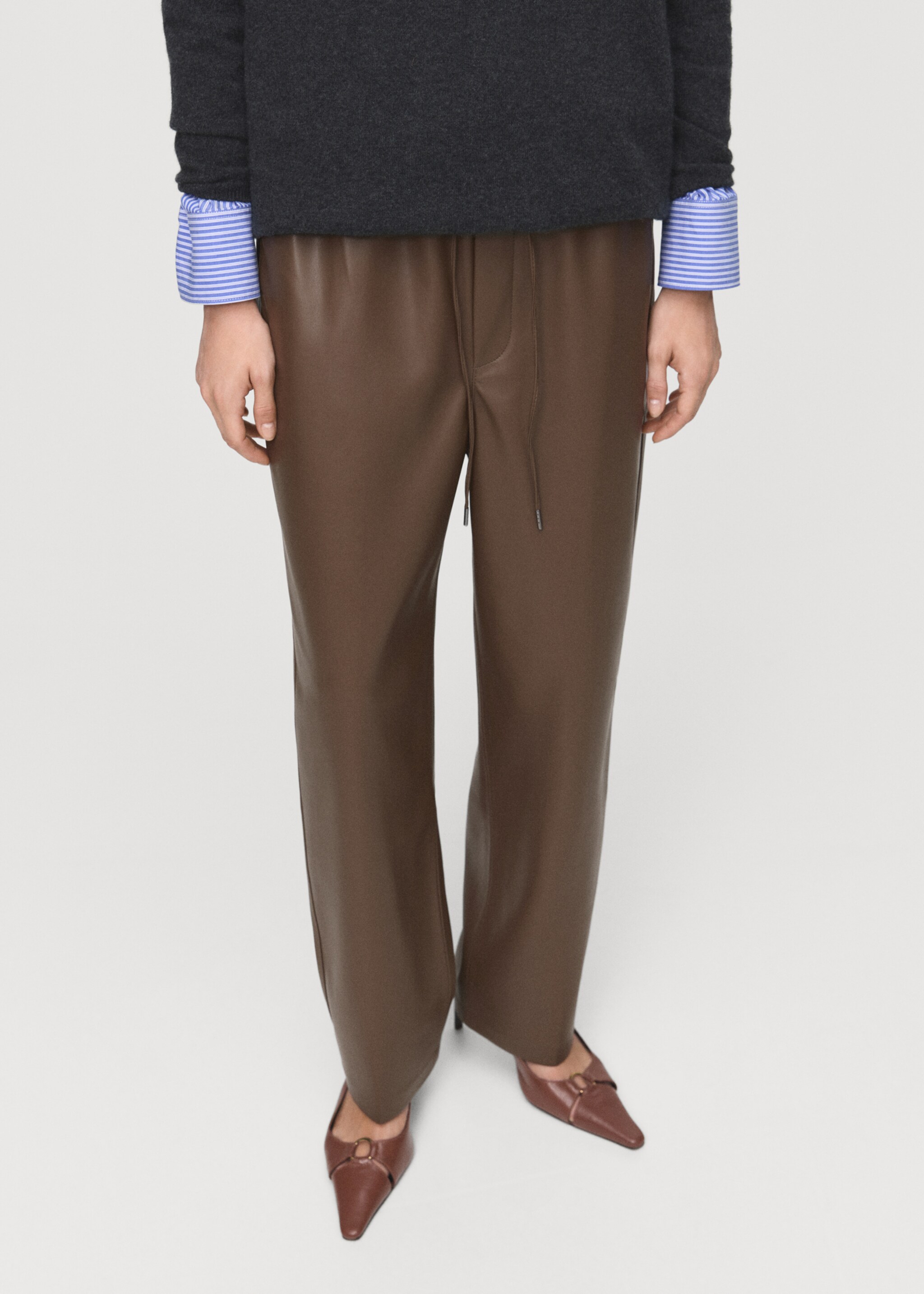 Leather-effect elastic waist trousers - Medium plane, Medium Brown. Ref: 17075974-00.