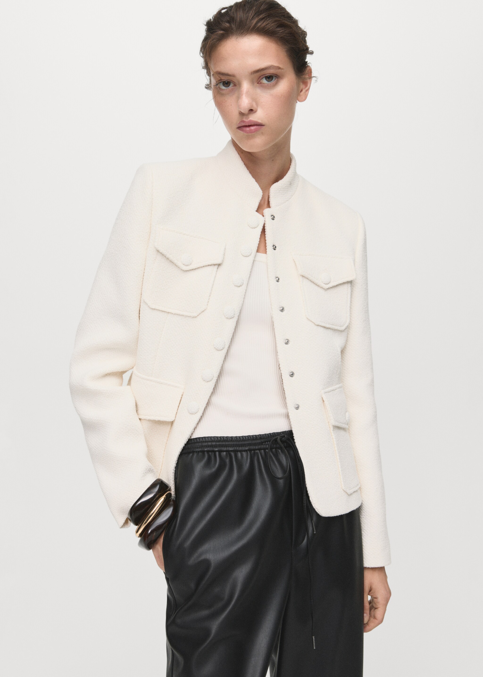 Leather-effect elastic waist trousers - Details of the article 1, Black. Ref: 17075974-00.