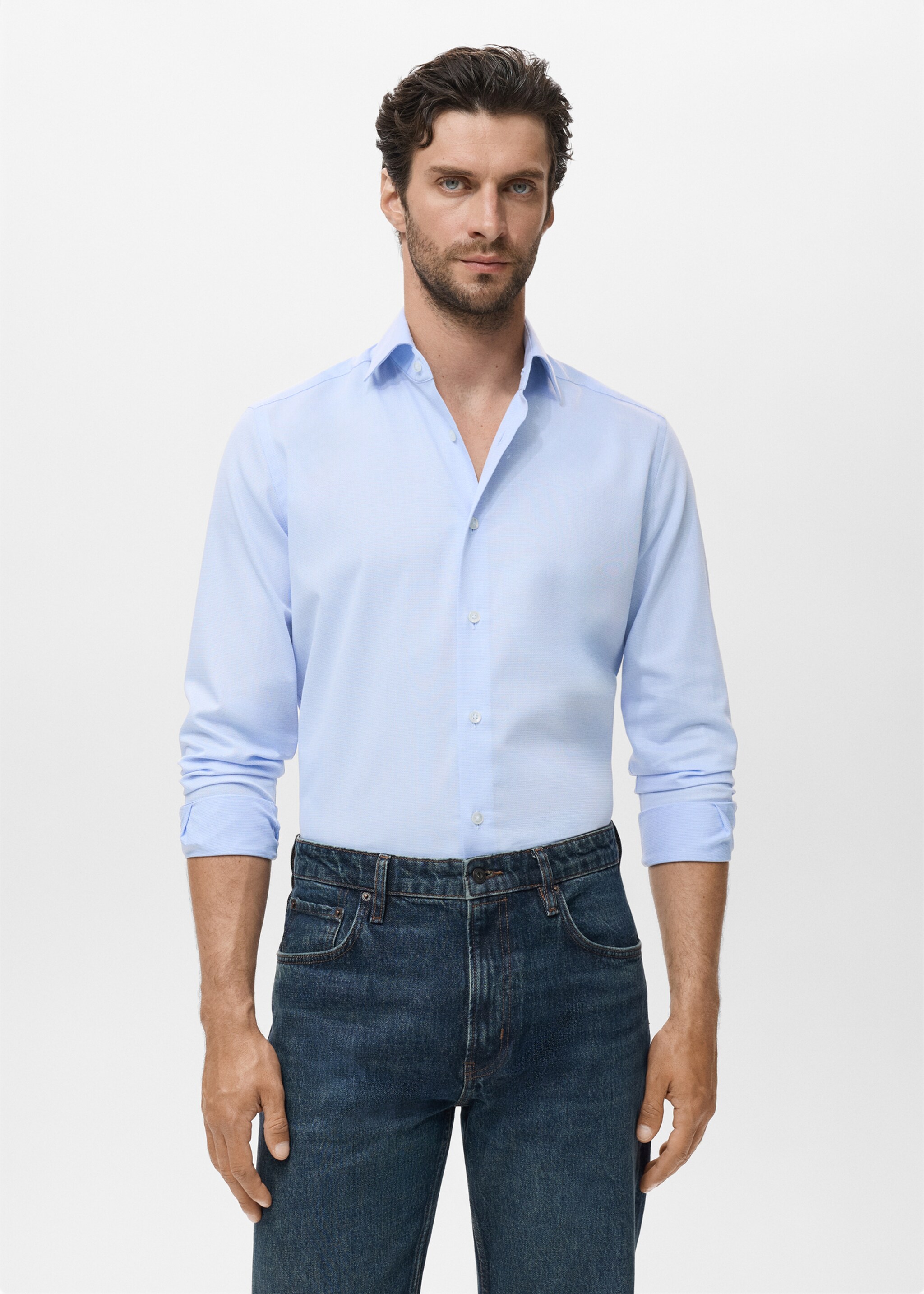 Camisa algodón slim fit - Plano medio, Azul celeste. Ref: 17075984-00.