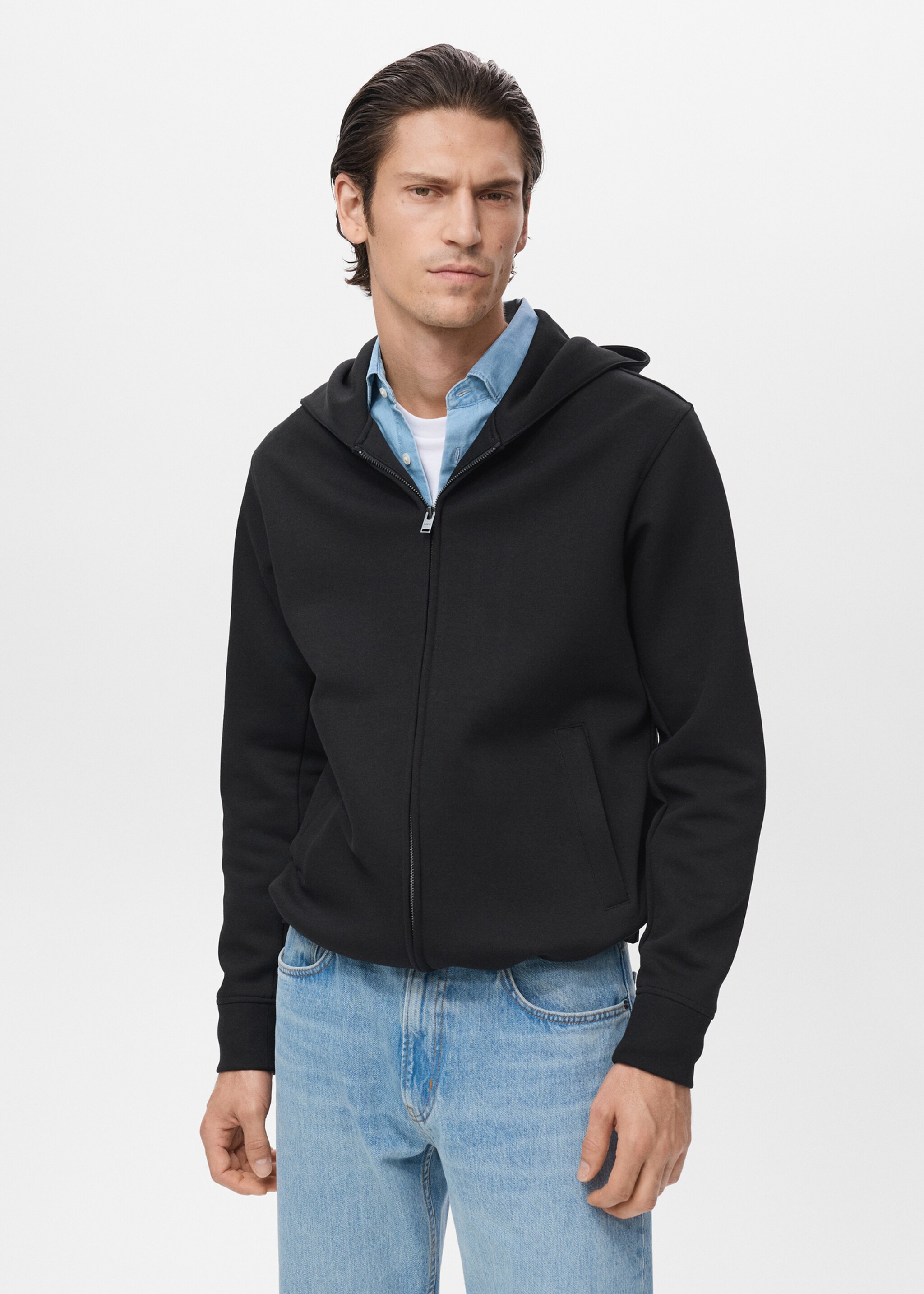 Sudadera cremallera capucha - Plano medio, Negro. Ref: 17075998-00.