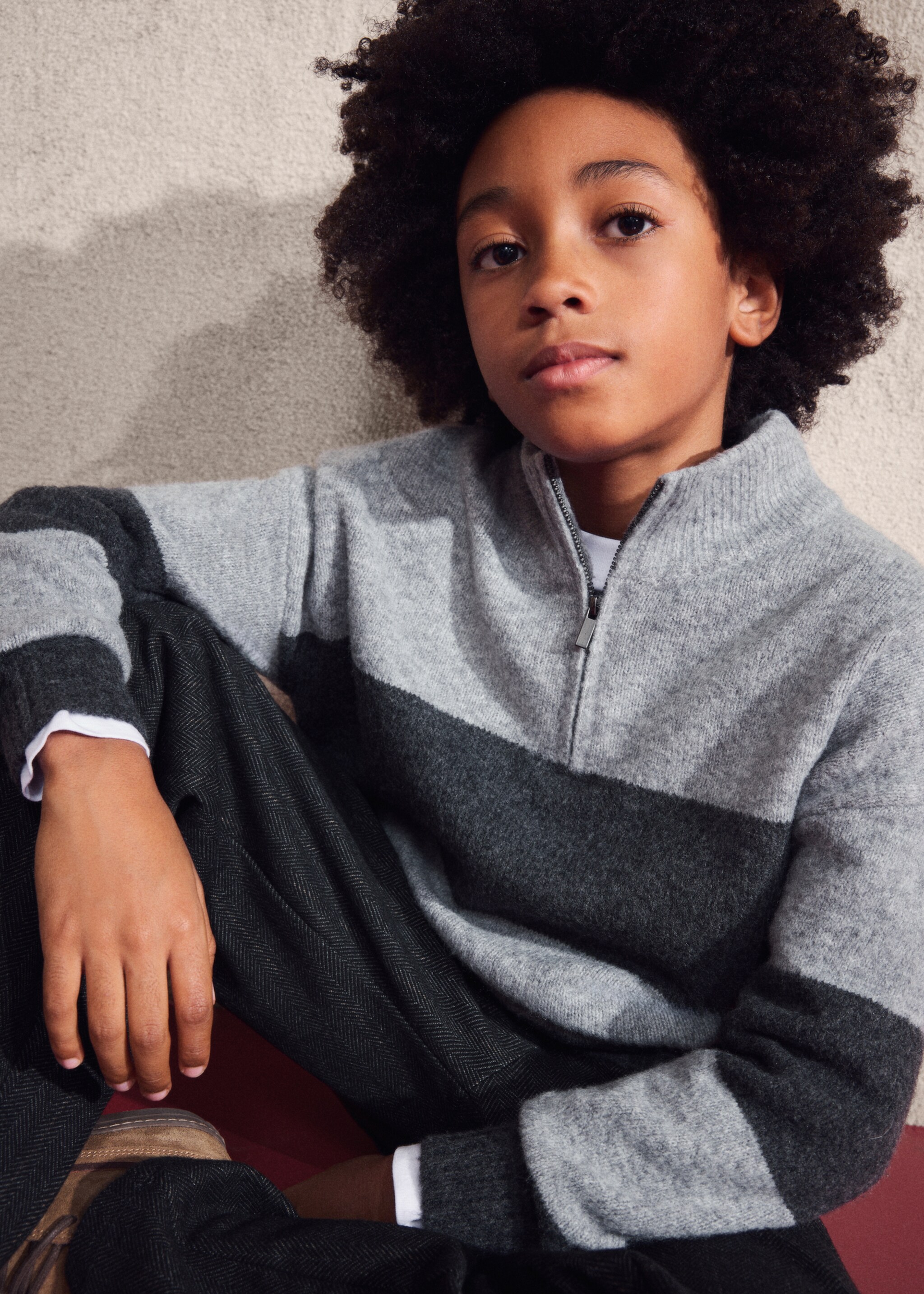 Striped sweater with perkins neck - Details of the article 5, Medium Heather Grey. Ref: 17076723-00.