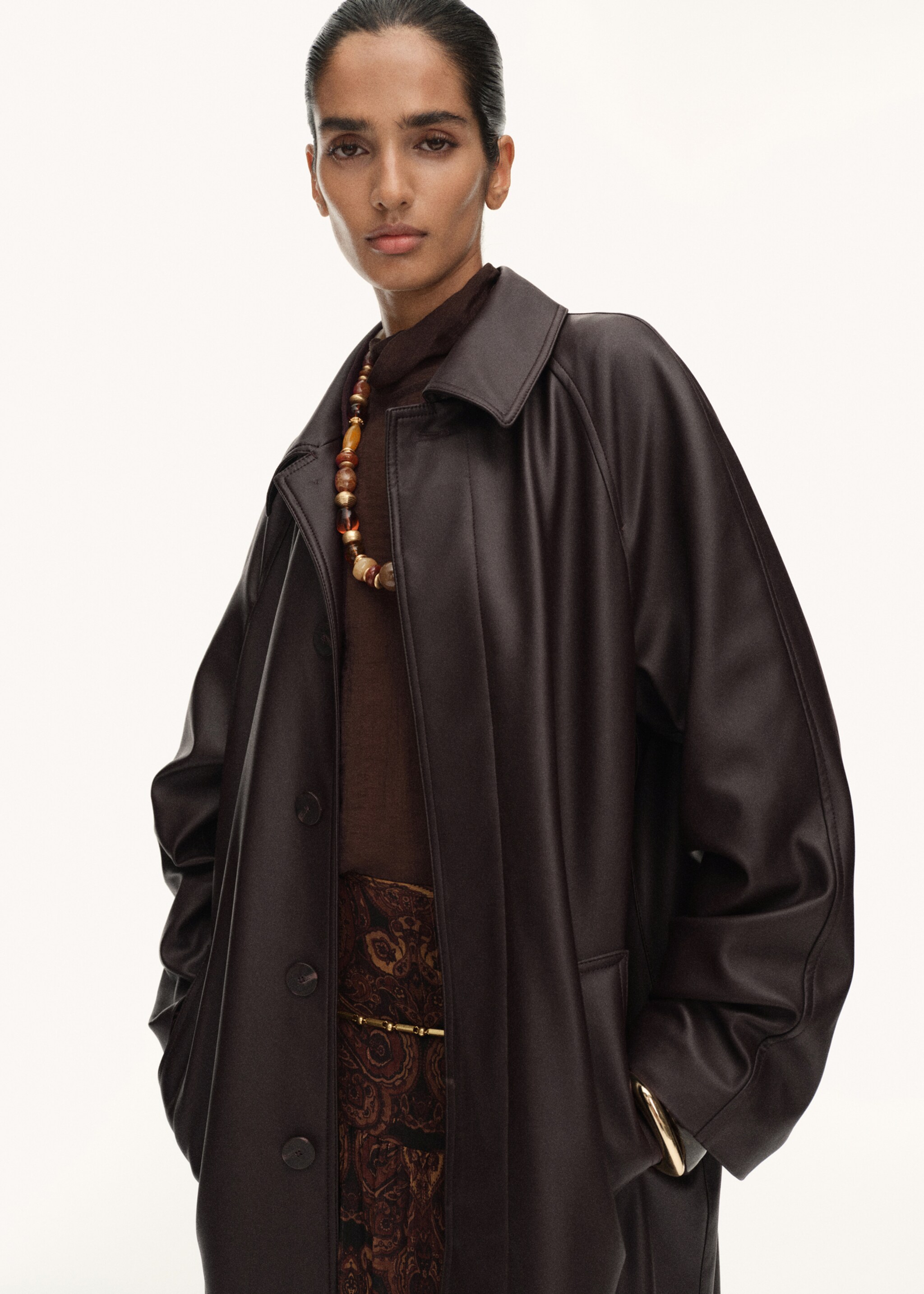 Long leather-effect trench coat - Medium plane, Chocolate. Ref: 17076733-00.
