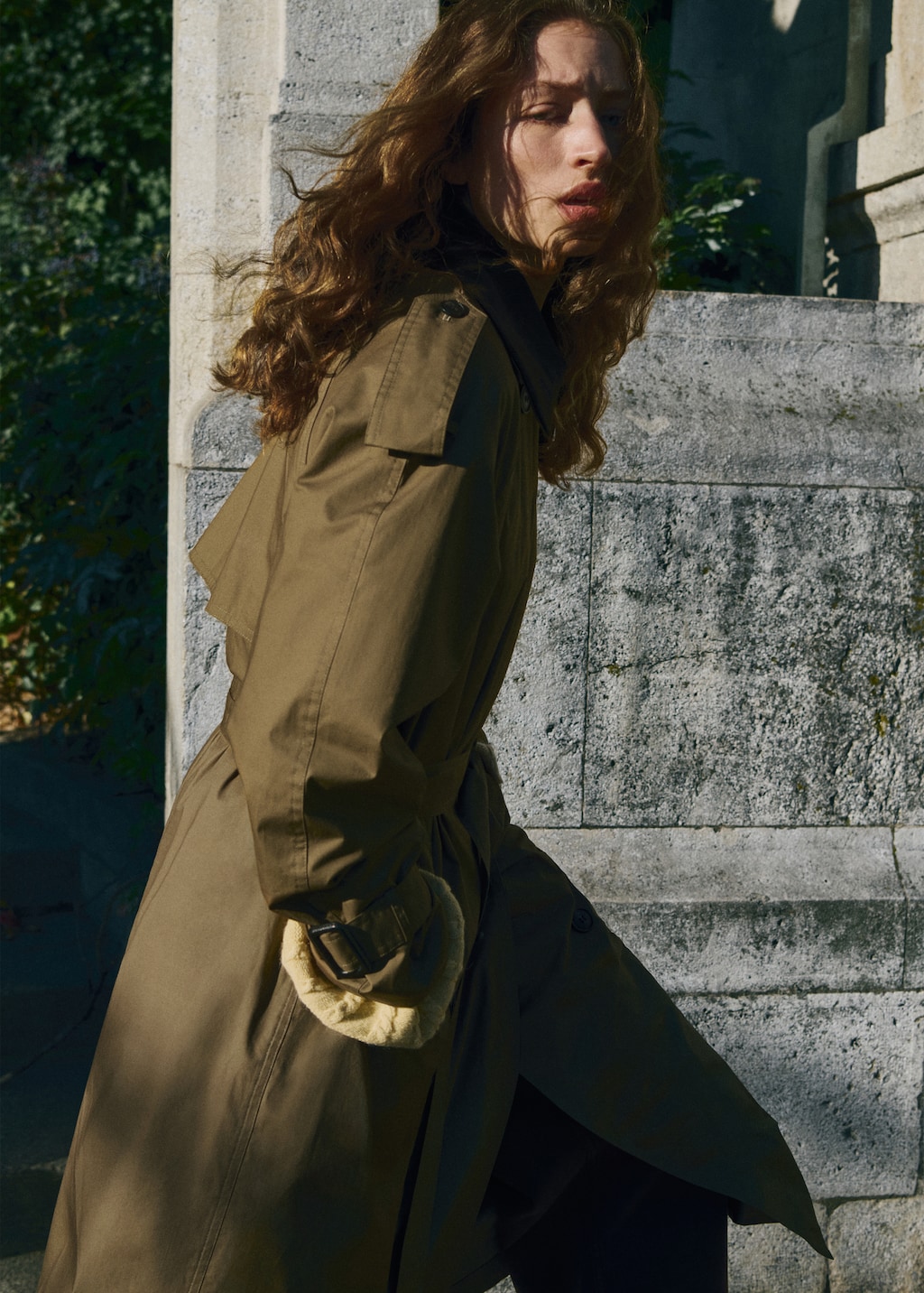 Double-breasted trench coat with corduroy collar
