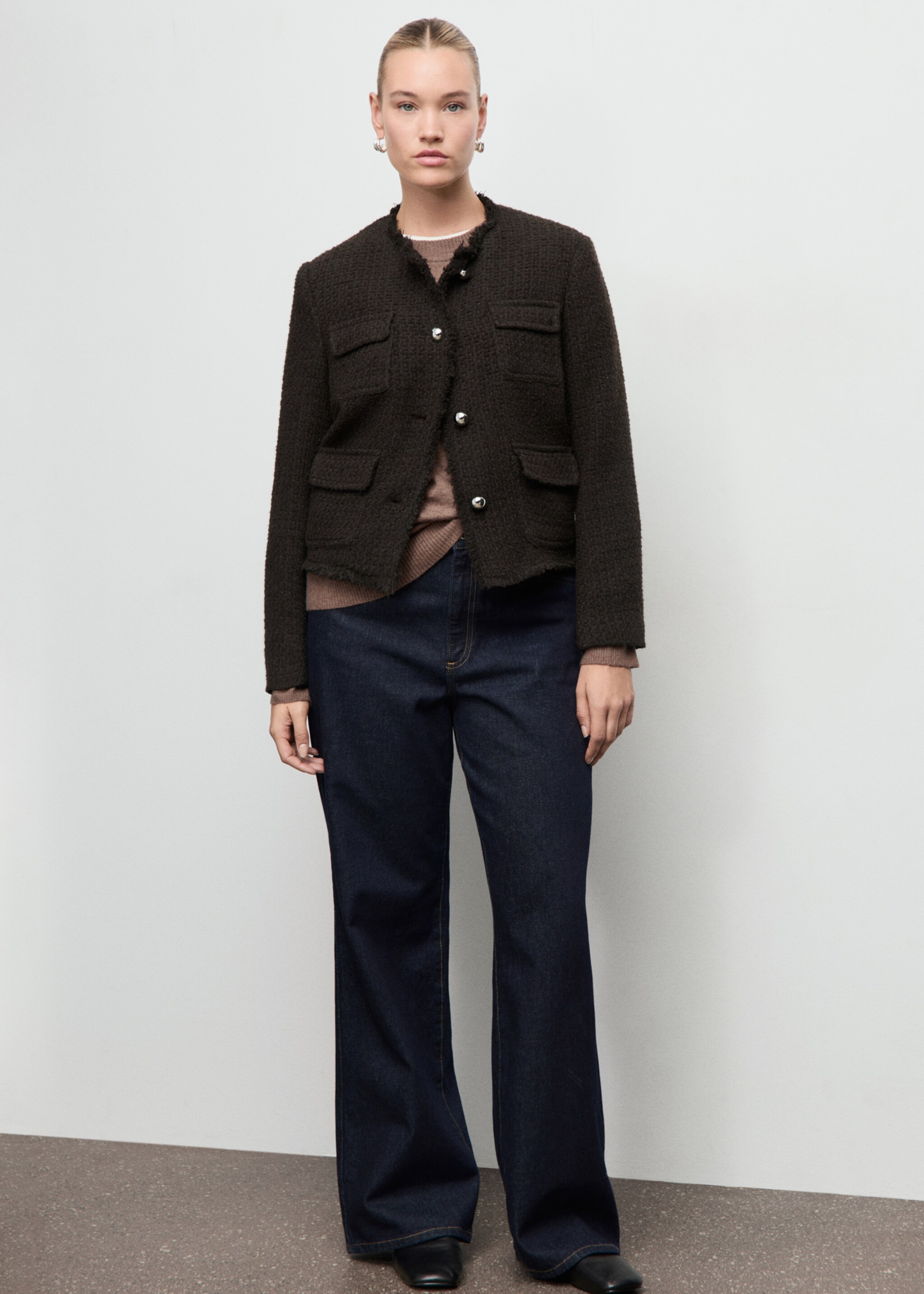 Tweed jacket with frayed ends - Details of the article 3, Brown. Ref: 17077140-00.