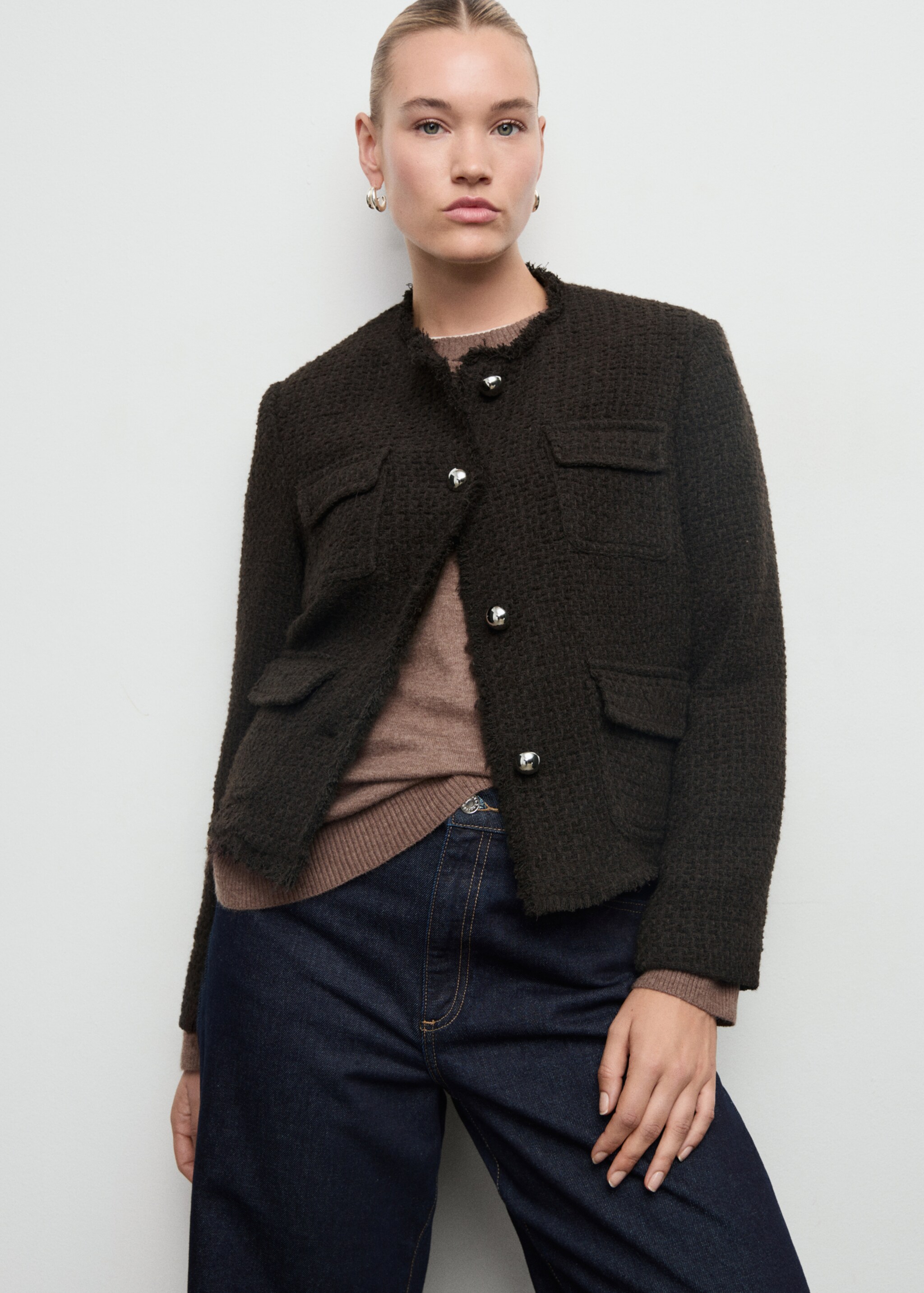 Tweed jacket with frayed ends - Details of the article 4, Brown. Ref: 17077140-00.