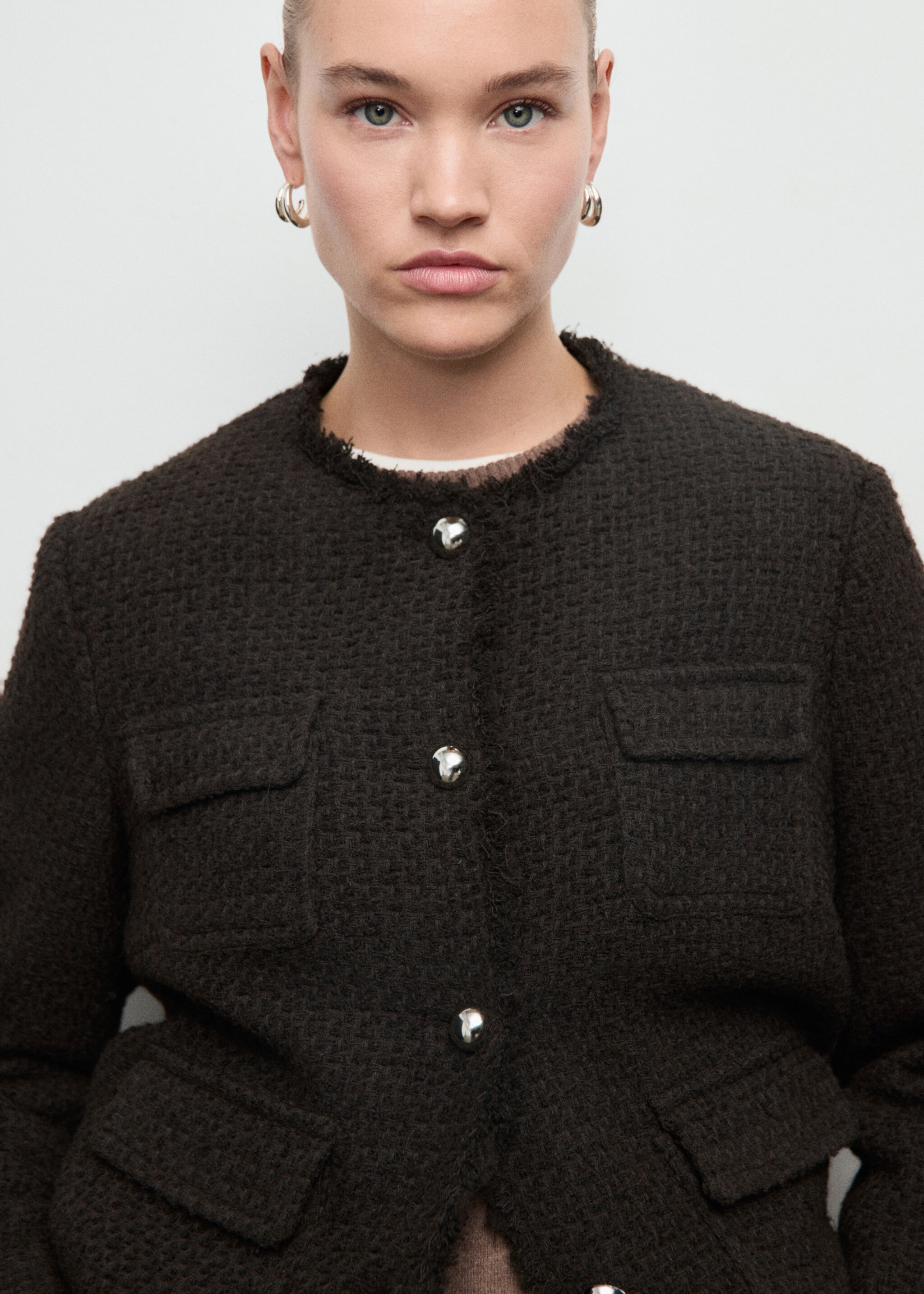 Tweed jacket with frayed ends - Details of the article 5, Brown. Ref: 17077140-00.