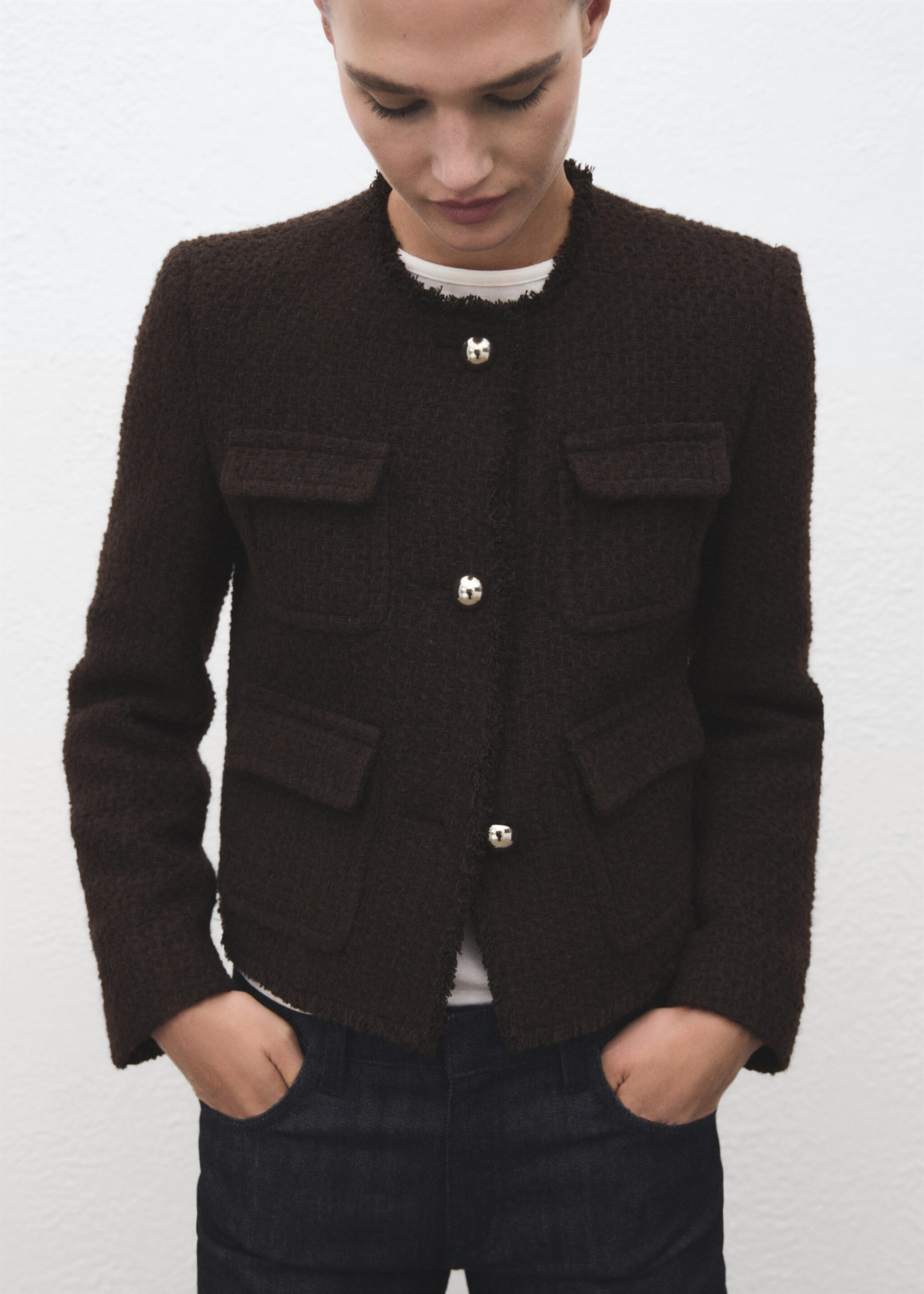 Tweed jacket with frayed ends - Details of the article 6, Brown. Ref: 17077140-00.