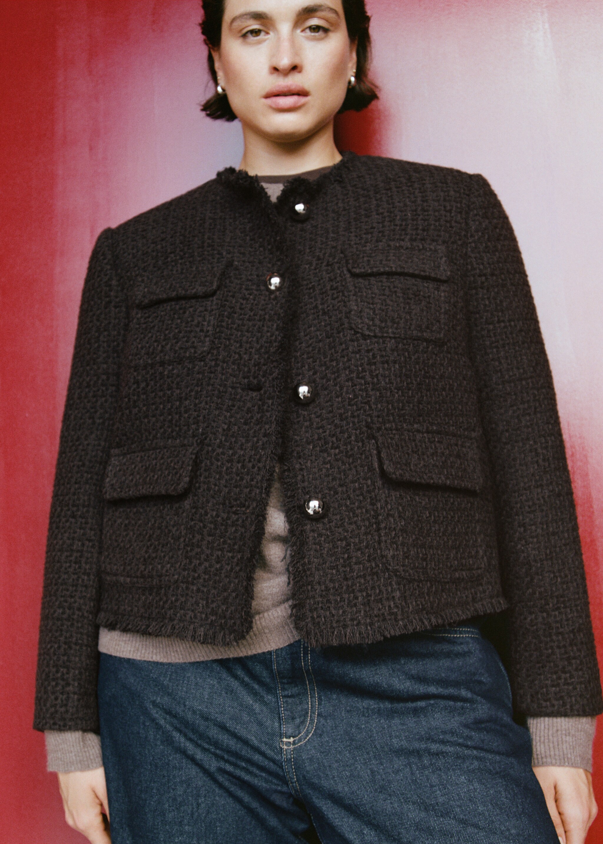 Tweed jacket with frayed ends - Details of the article 7, Brown. Ref: 17077140-00.