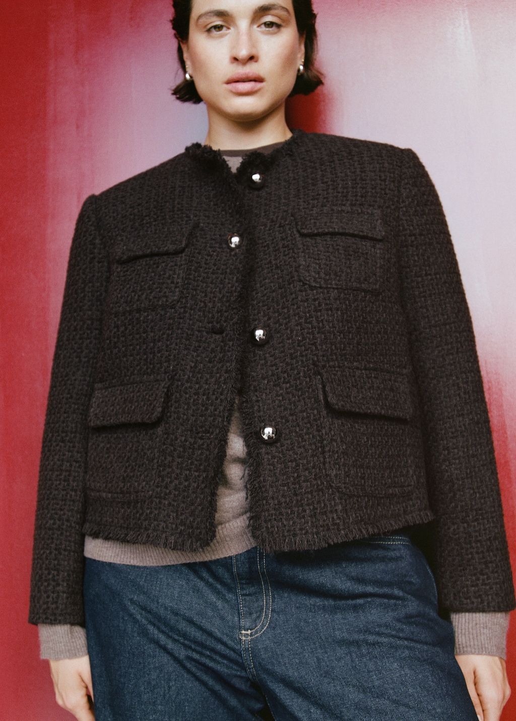 Tweed jacket with frayed ends