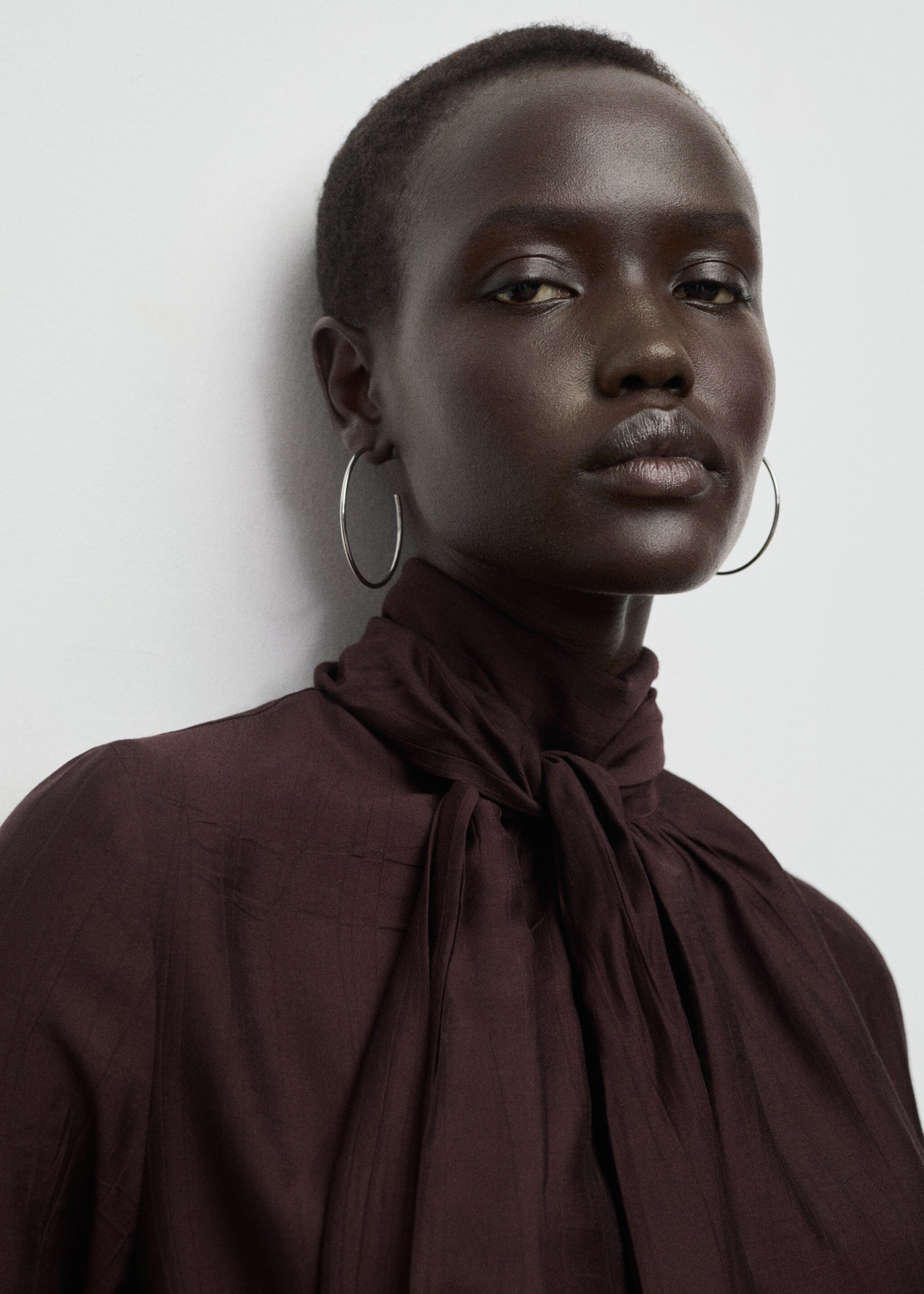 Textured blouse with foulard - Details of the article 1, Brown. Ref: 17077800-00.