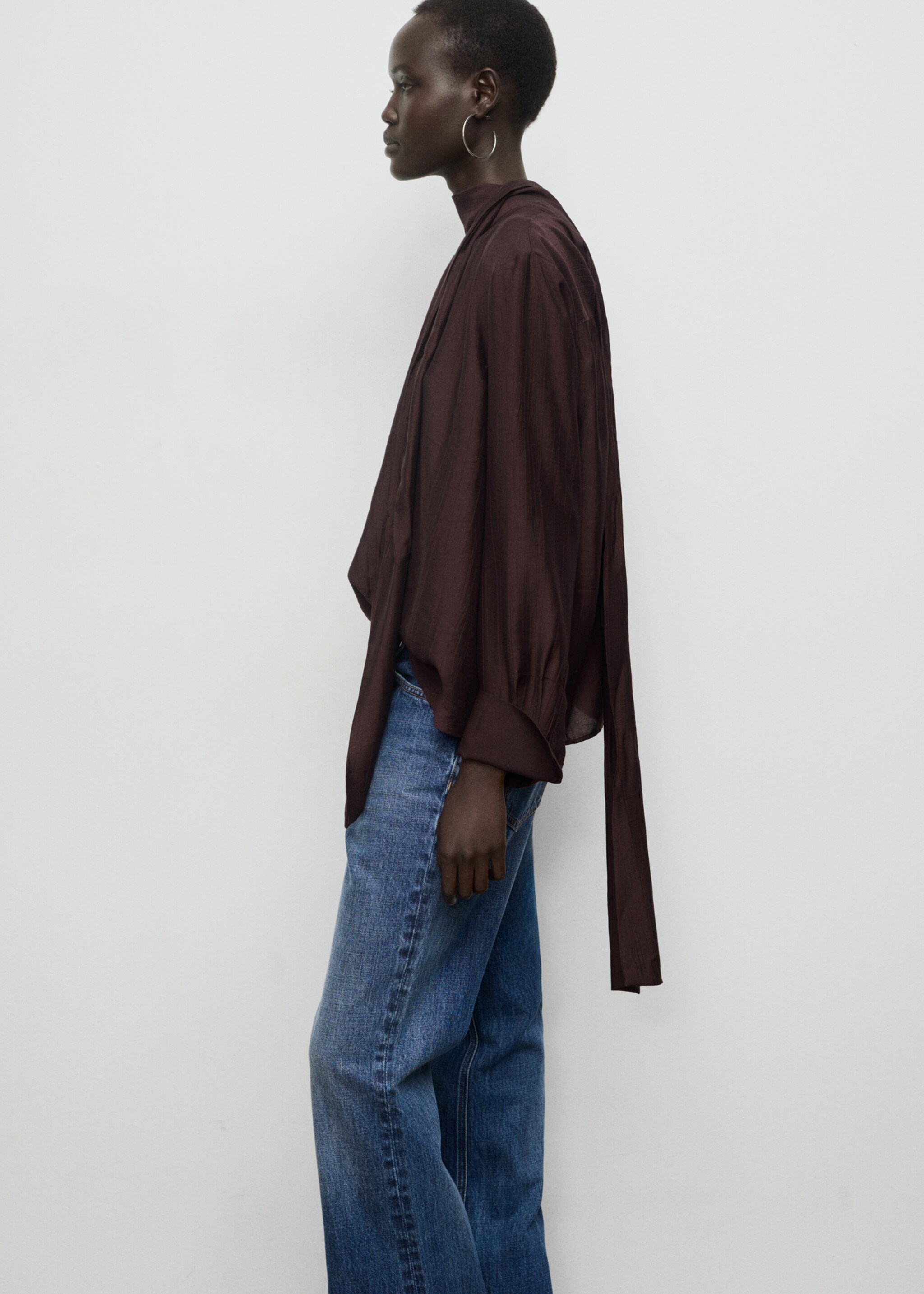 Textured blouse with foulard - Details of the article 2, Brown. Ref: 17077800-00.