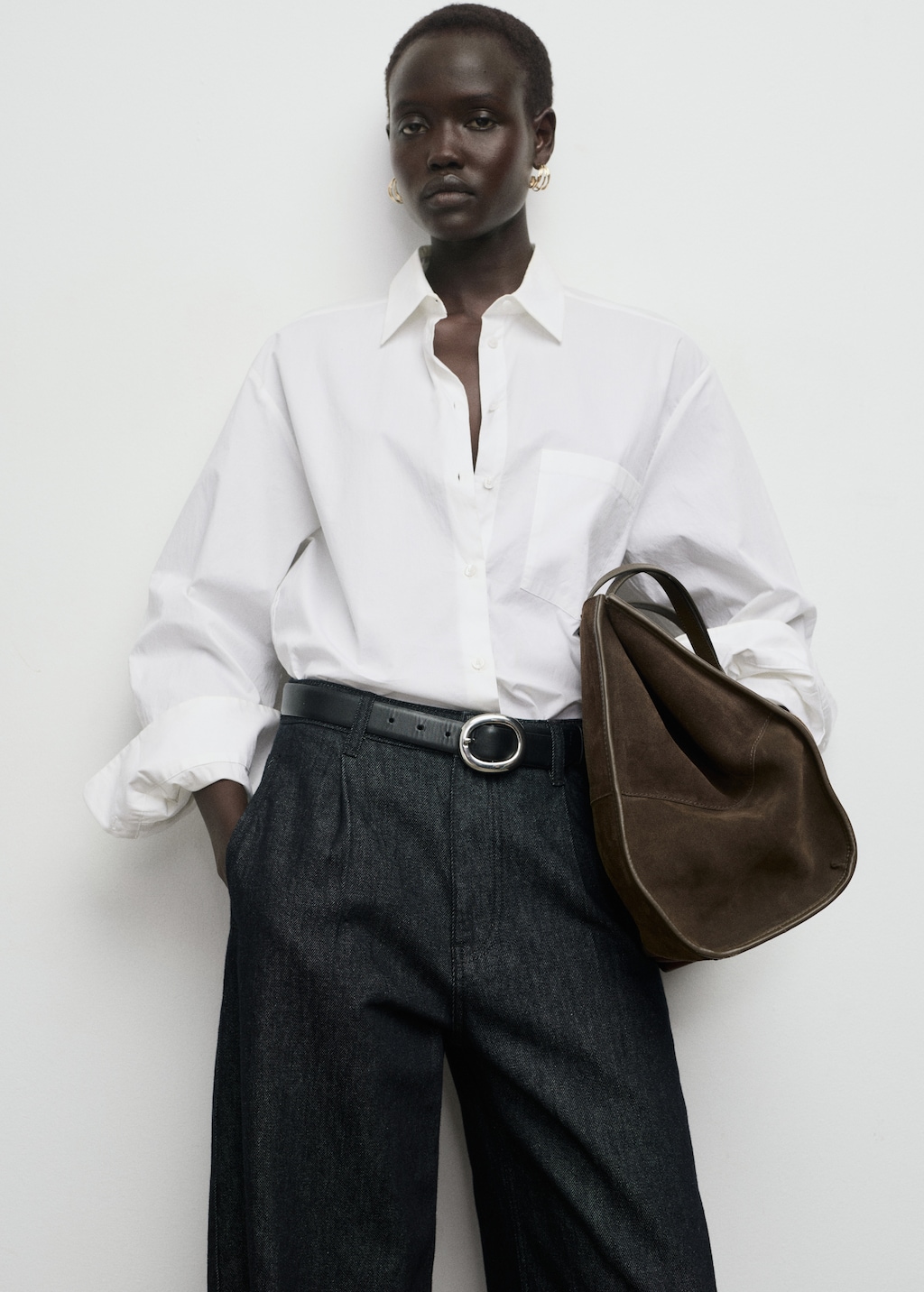 Wide-leg pleated denim trousers