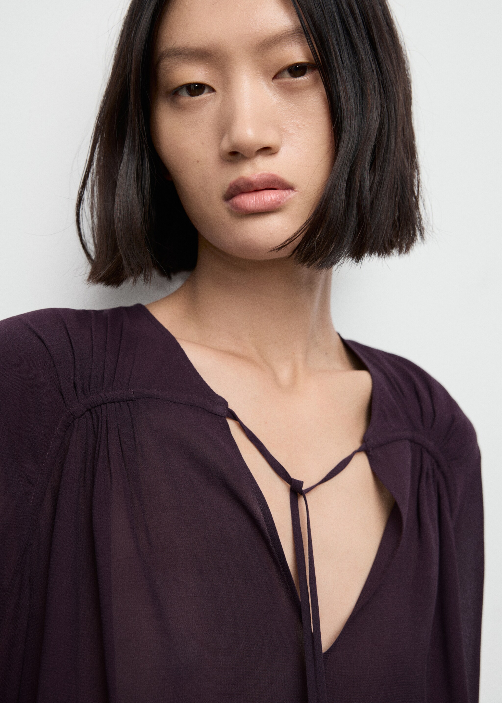 Chiffon blouse with bow neckline - Details of the article 1, Burgundy. Ref: 17077817-00.