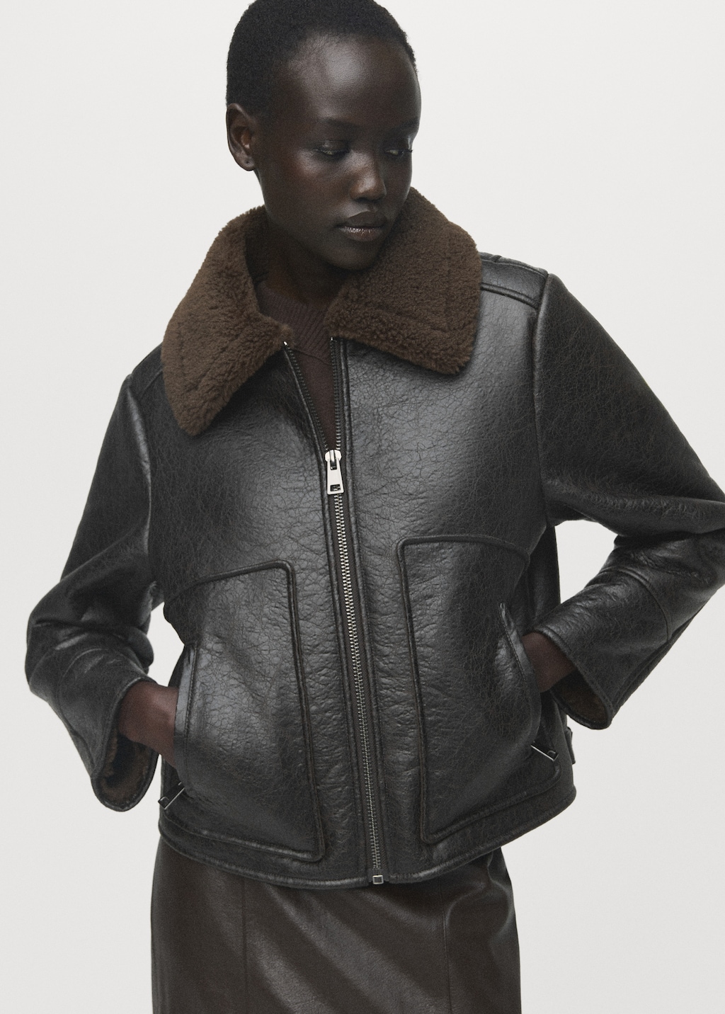 Faux-leather jacket with shearling collar