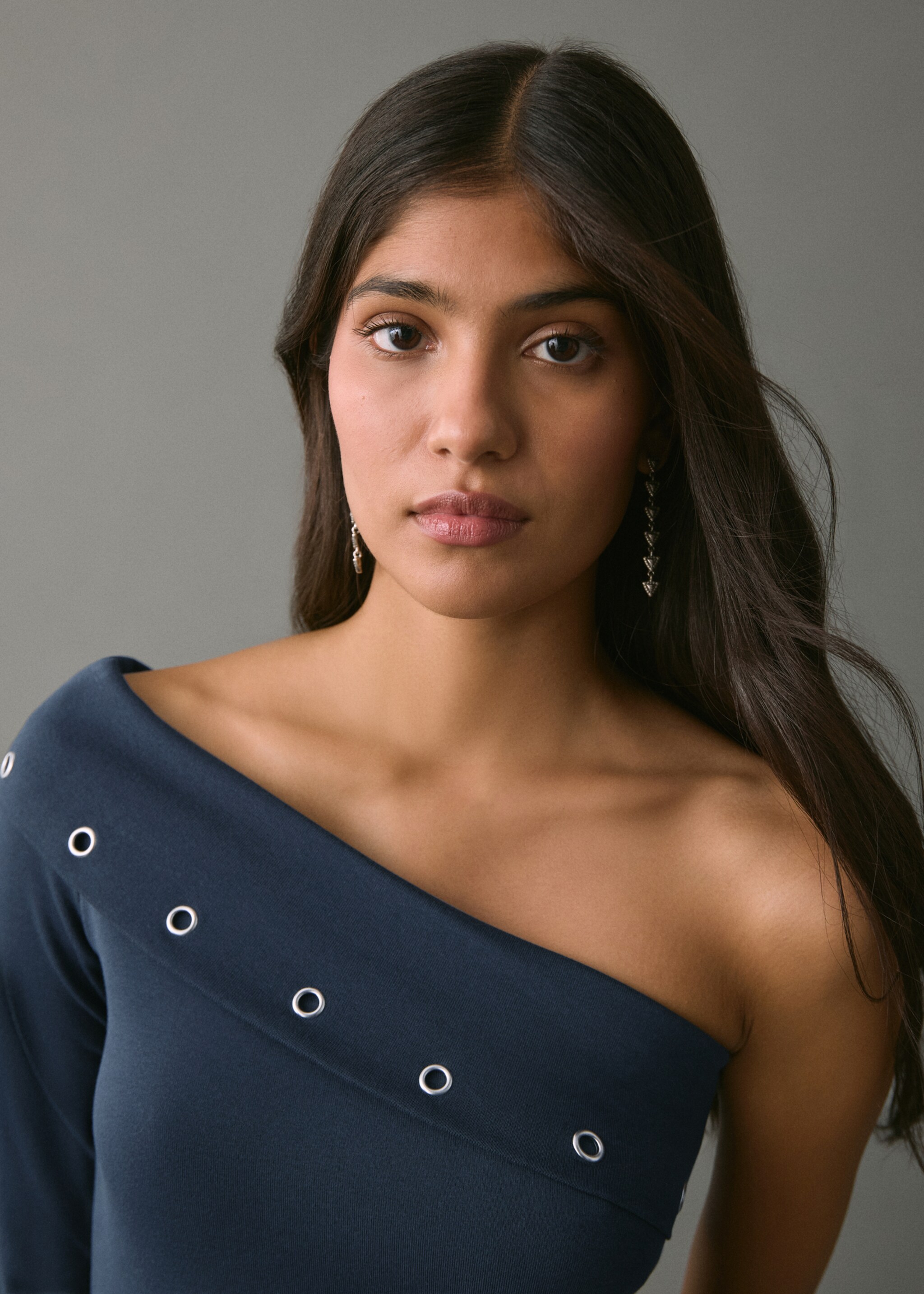 Asymmetrical studded dress - Details of the article 1, Navy. Ref: 17078269-00.