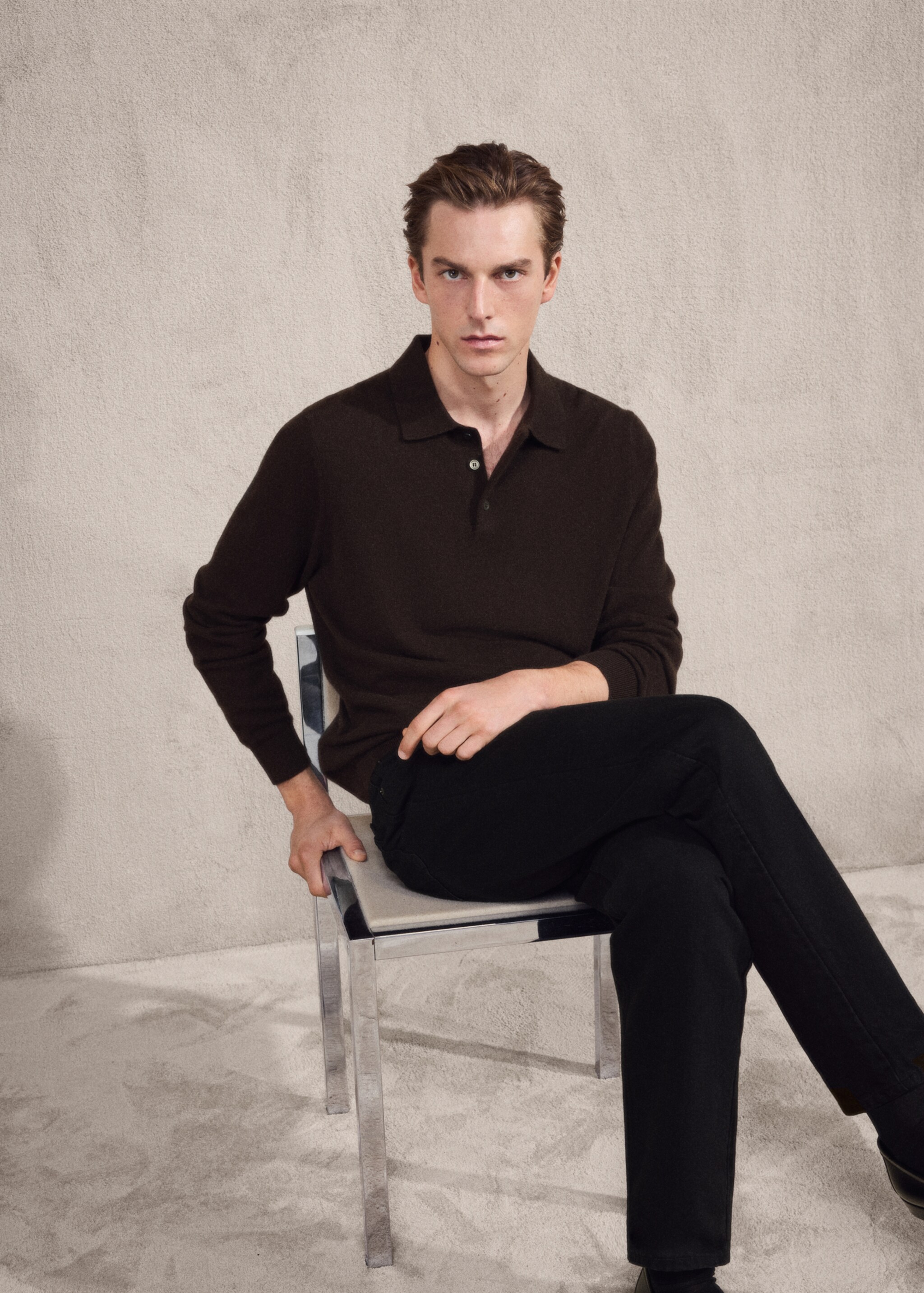 100% cashmere polo sweater - Details of the article 9, Chocolate. Ref: 17078276-00.