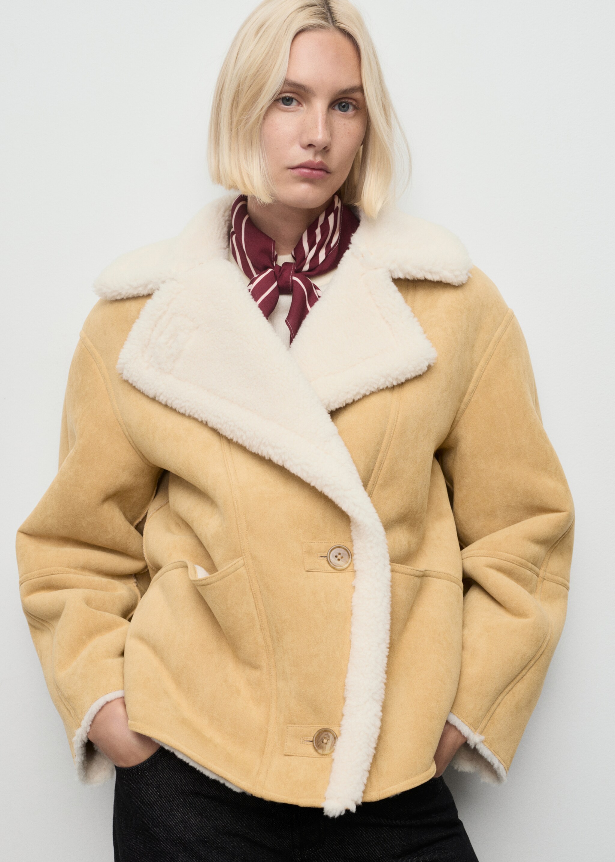 Suede-effect jacket with sheepskin collar - Medium plane, Medium Brown. Ref: 17078634-00.