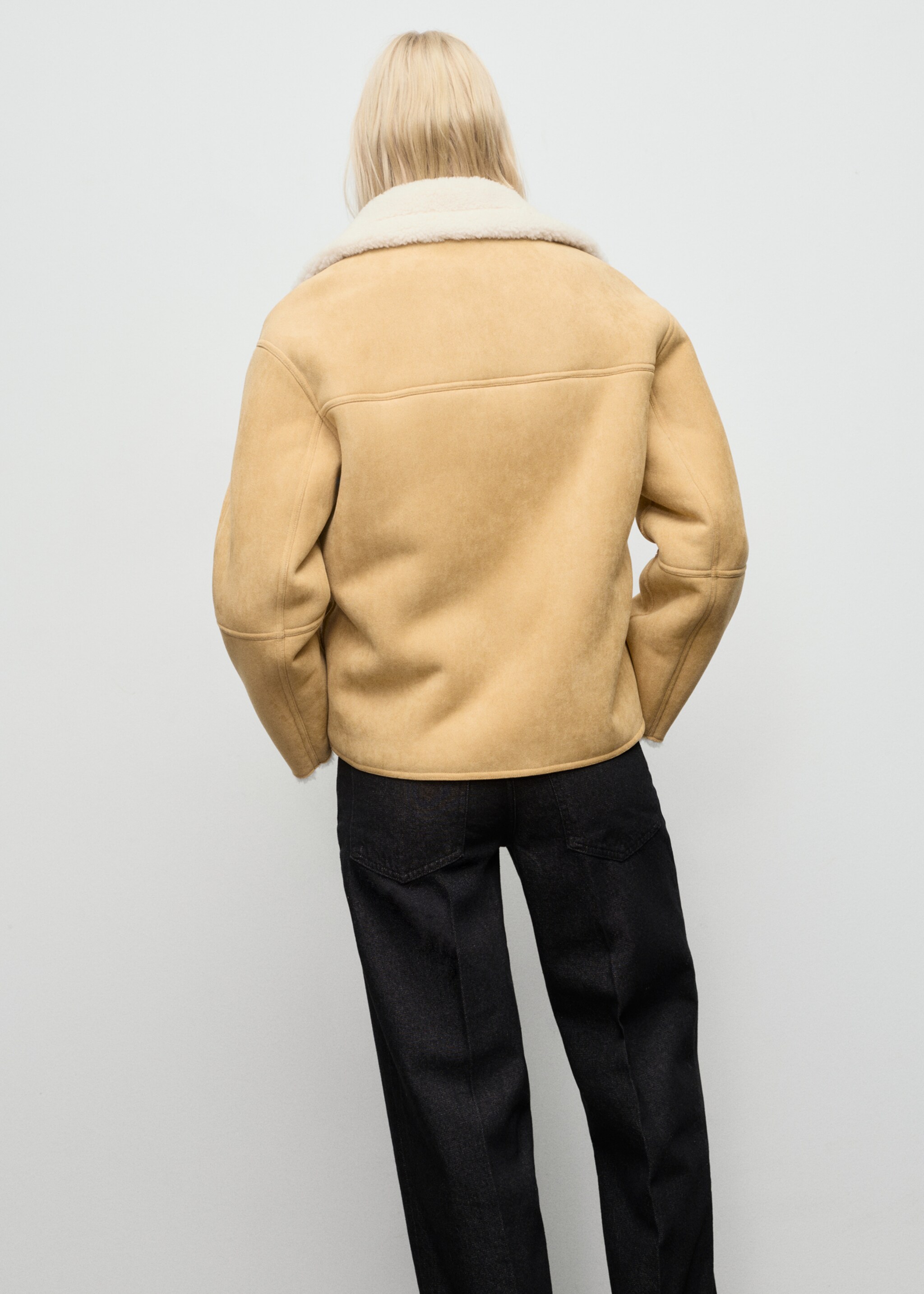 Suede-effect jacket with sheepskin collar - Reverse of the article, Medium Brown. Ref: 17078634-00.