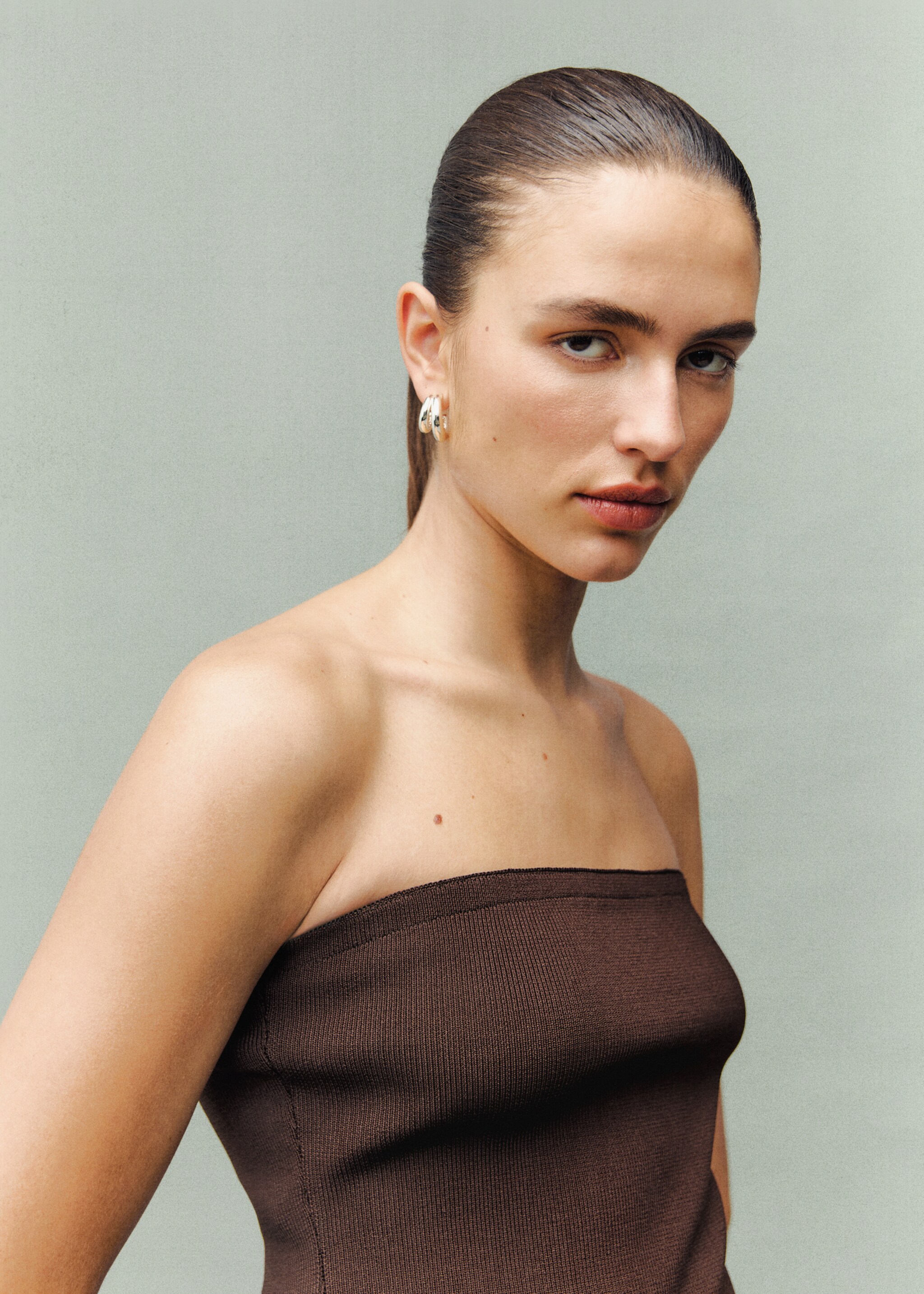 Combined strapless dress - Details of the article 1, Chocolate. Ref: 17079103-00.