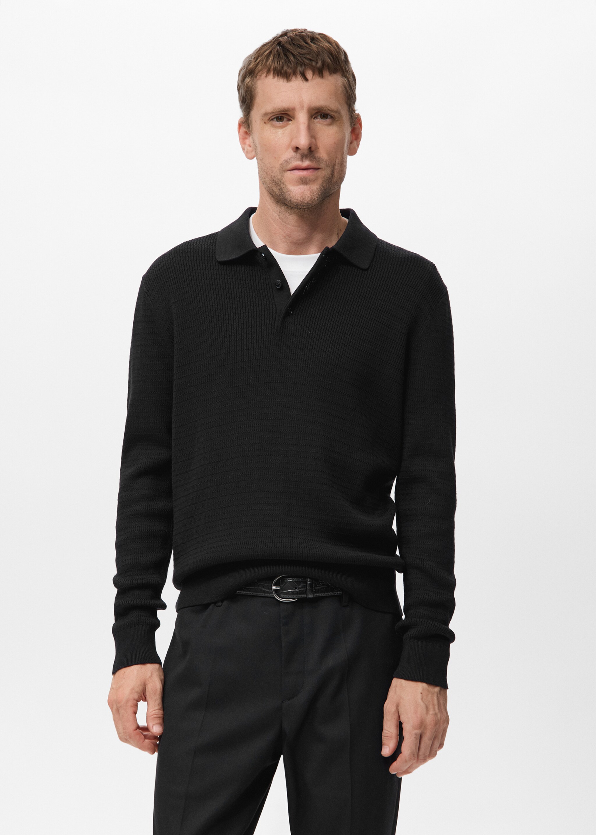 Cotton Lyocell Polo Sweater - Medium plane, Black. Ref: 17079213-00.