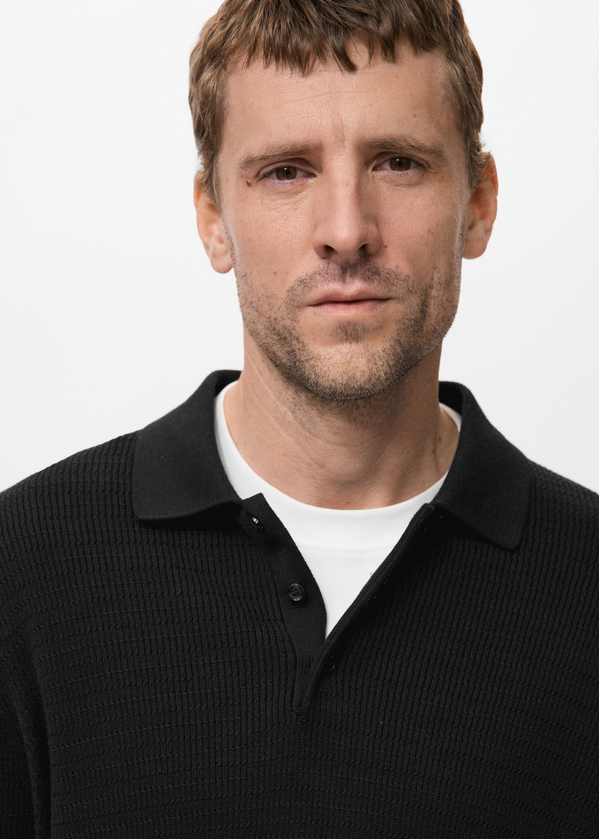 Cotton Lyocell Polo Sweater - Details of the article 1, Black. Ref: 17079213-00.