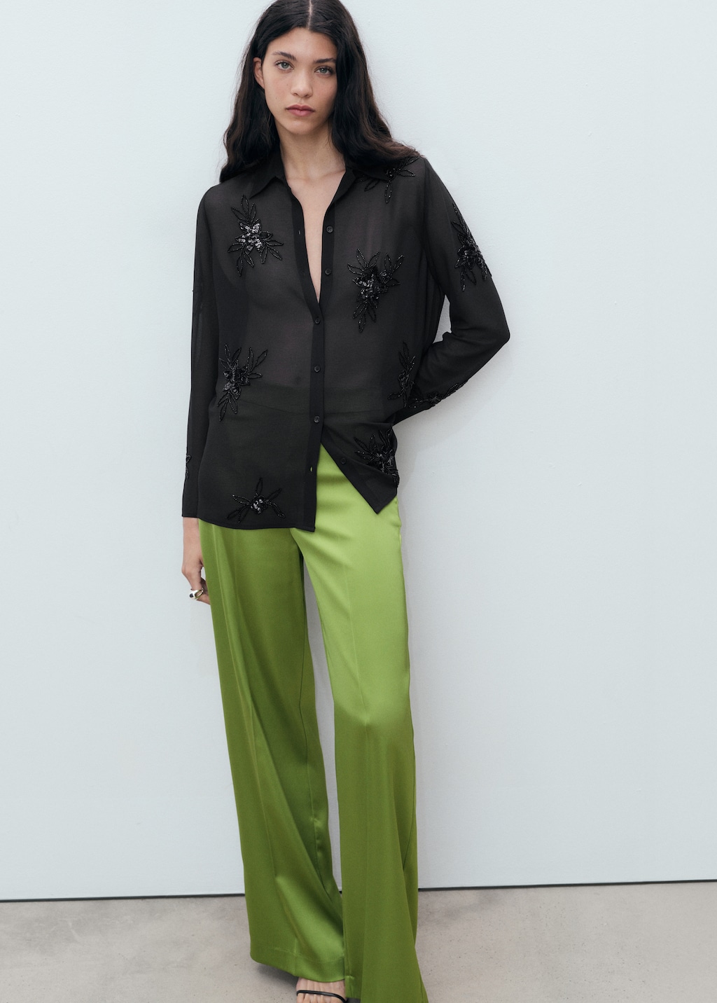 Semi-transparent shirt with rhinestone embroidery