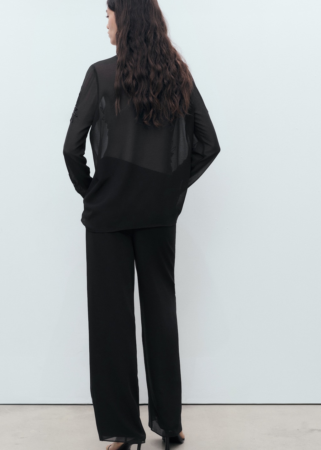 Semi-transparent shirt with rhinestone embroidery