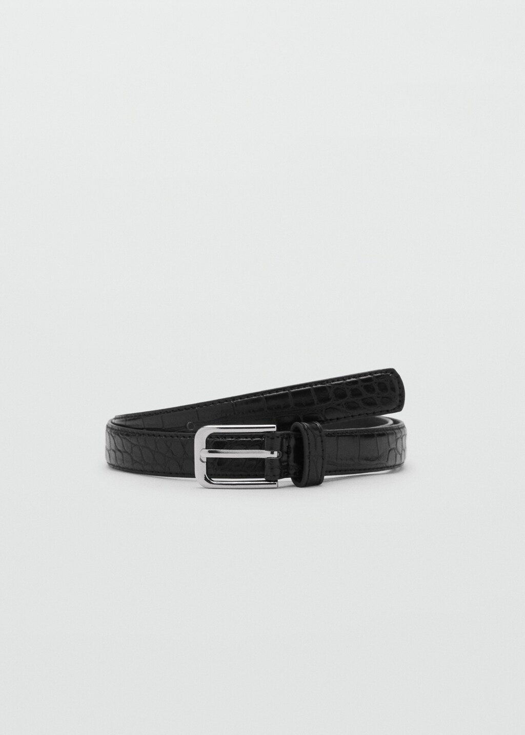 Thin crocodile-effect leather belt
