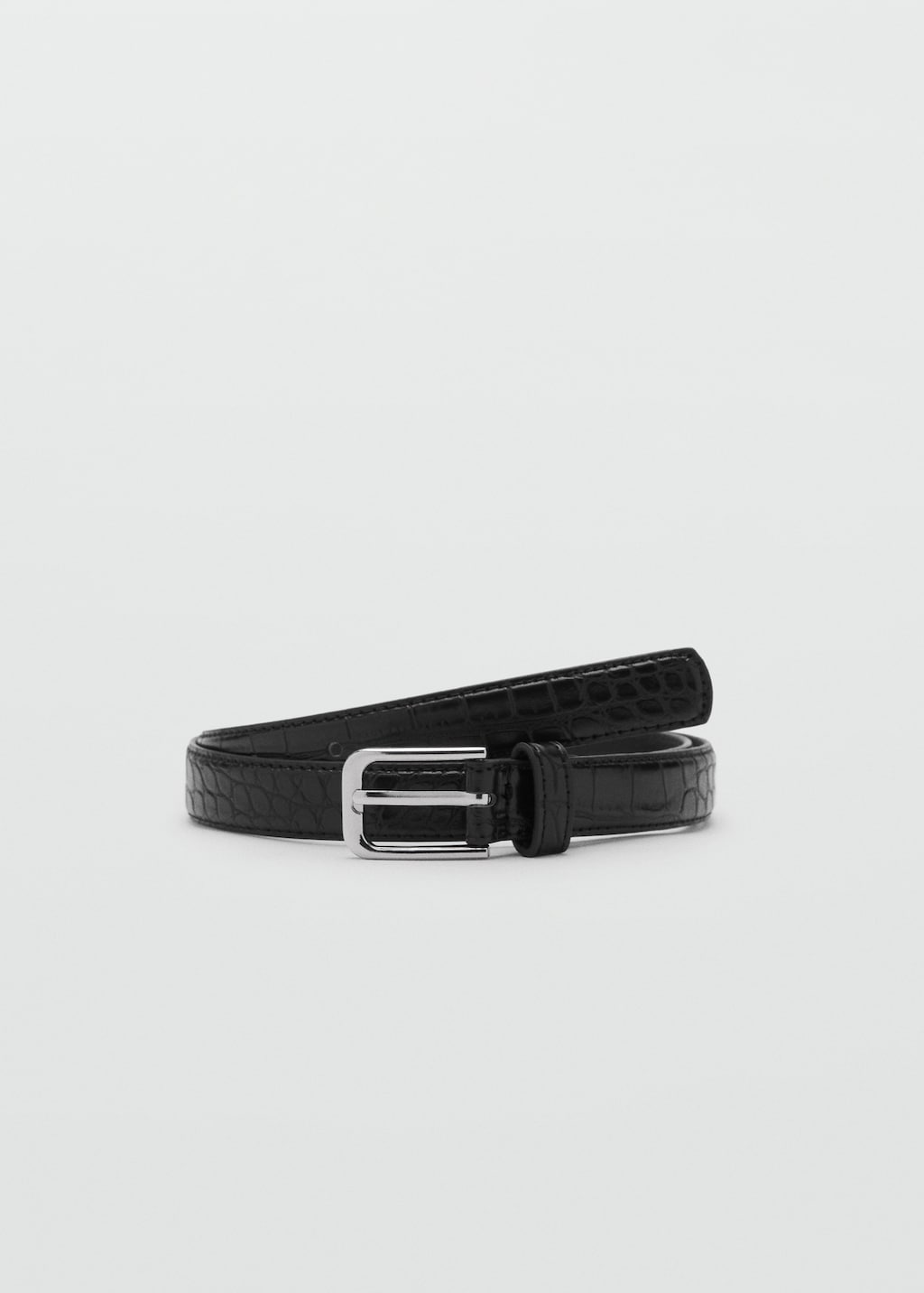 Thin crocodile-effect leather belt