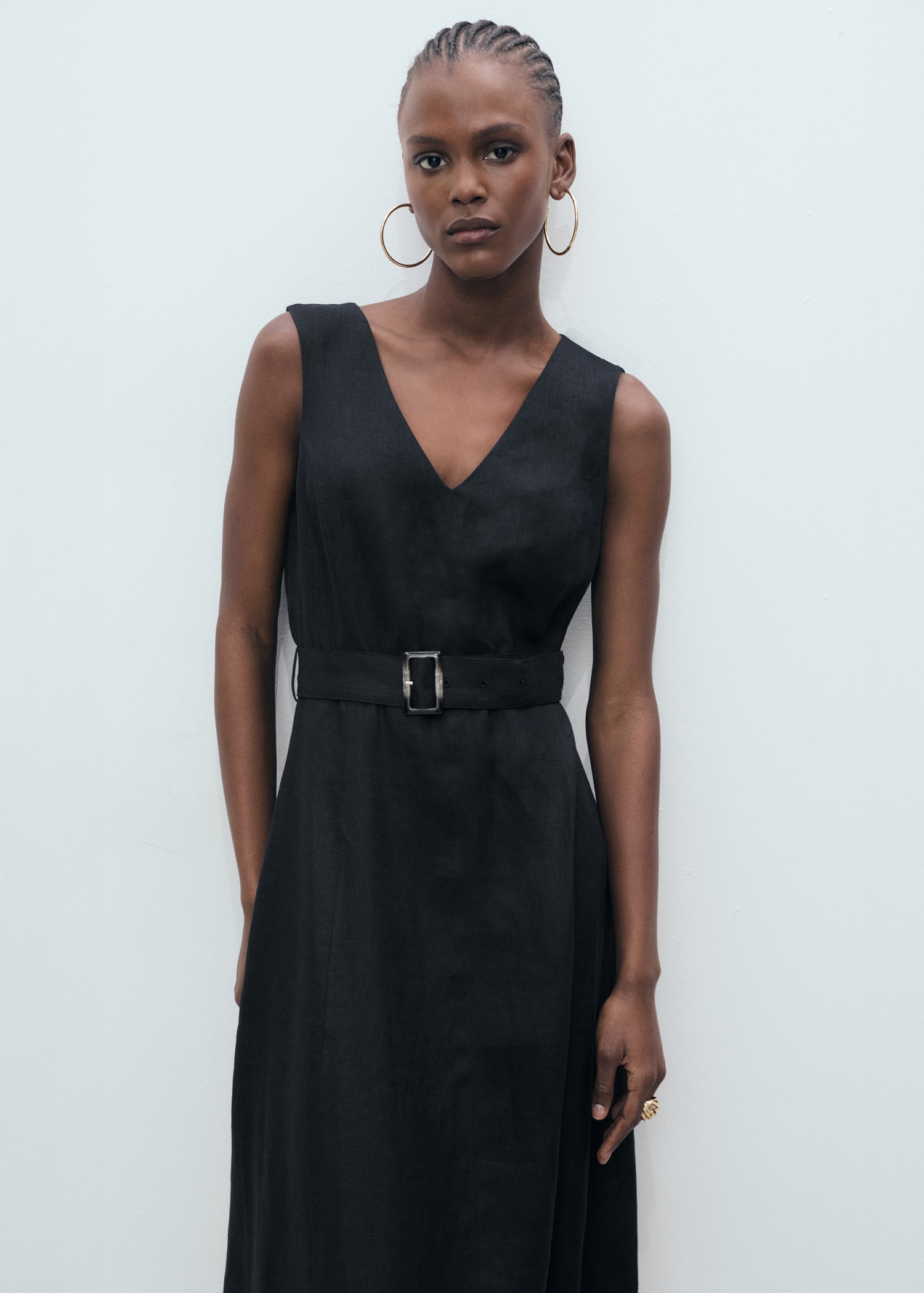 Linnen A-lijn jurk met ceintuur Dames MANGO Nederland