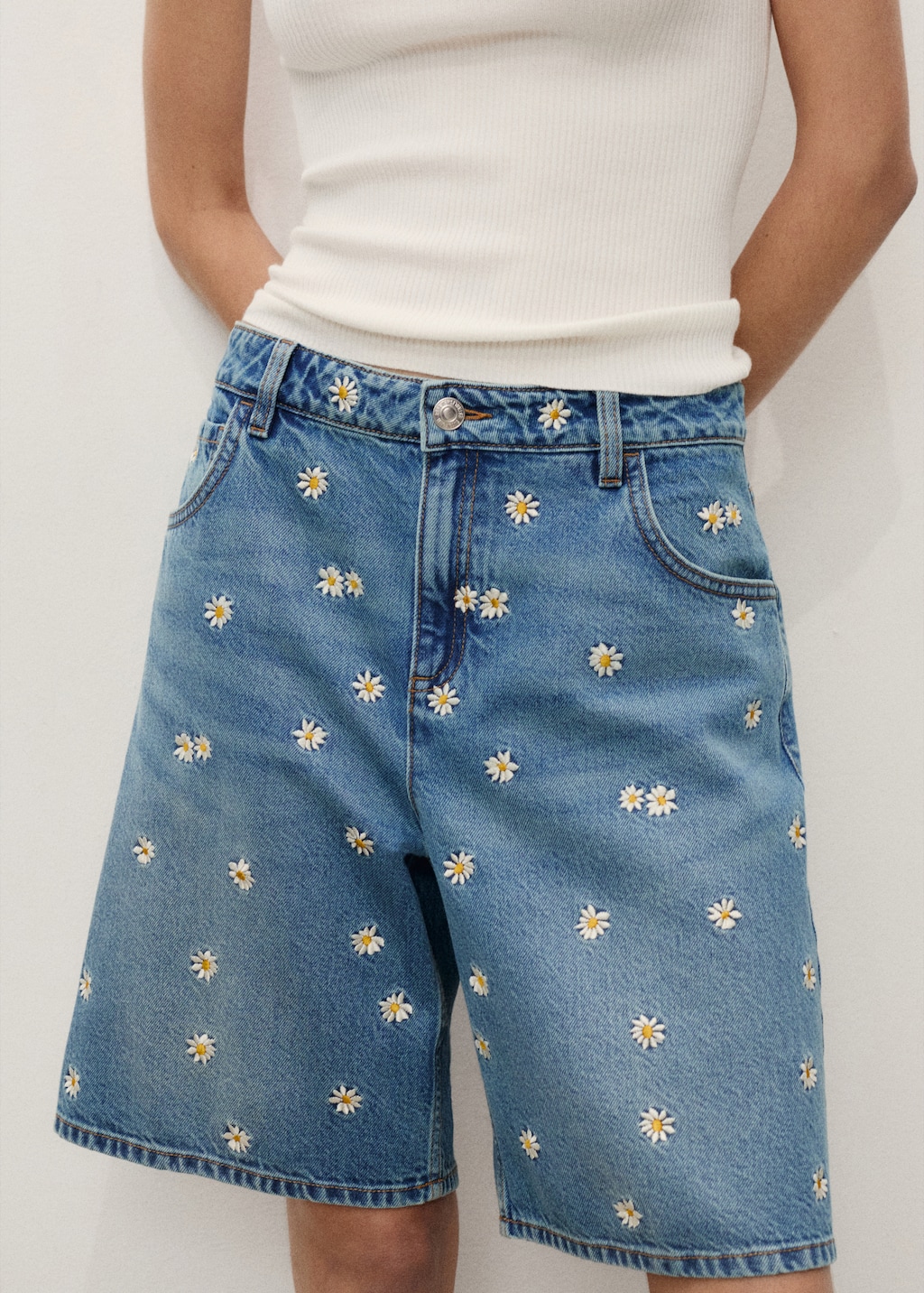 Floral-embroidered denim bermuda shorts