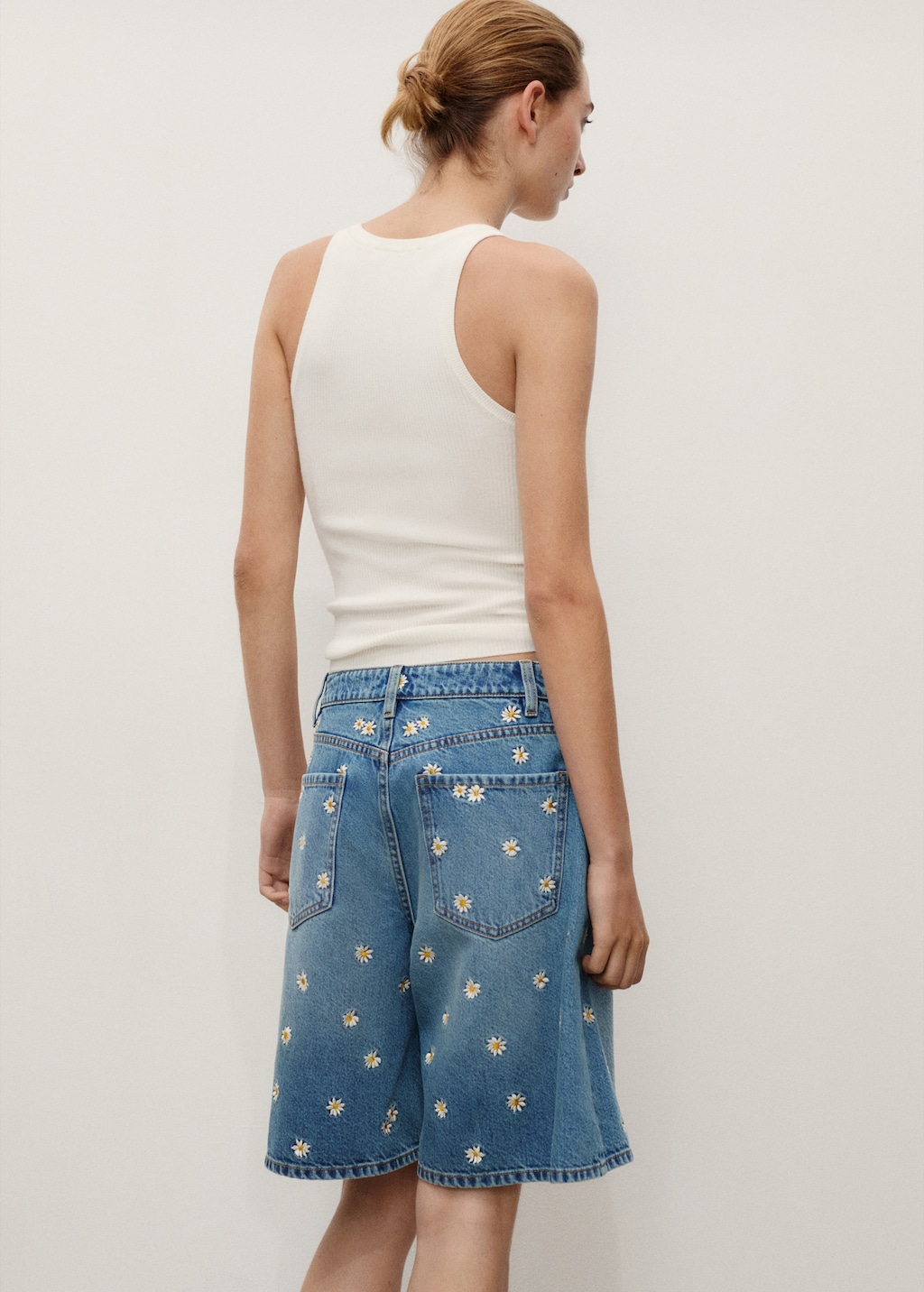 Floral-embroidered denim bermuda shorts