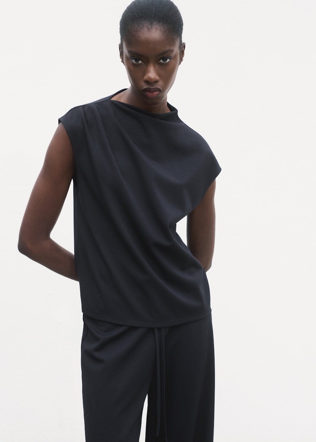 T-shirt with gathered asymmetrical neck