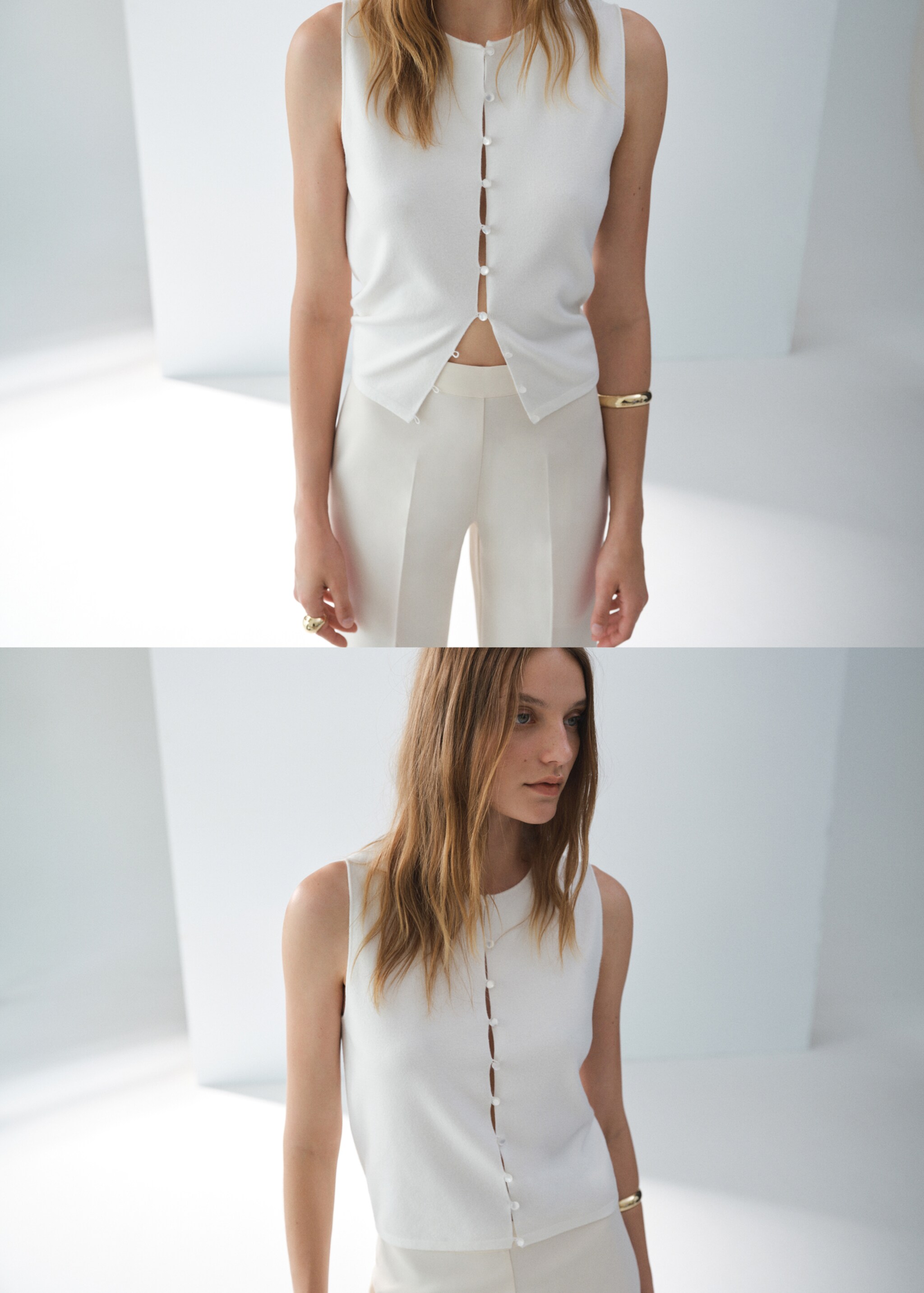 Fine-knit waistcoat with buttons - Details of the article 6, White. Ref: 17082906-00.
