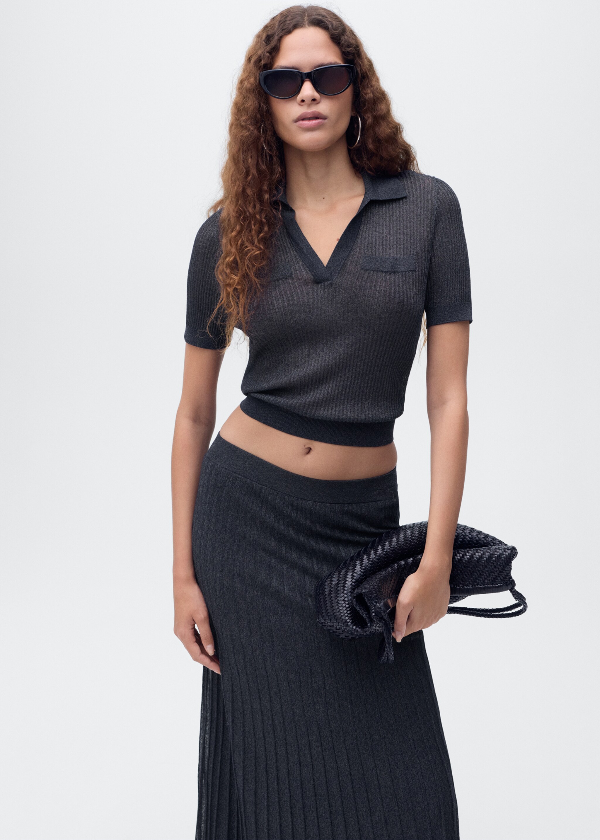 Lurex knitted V-neck sweater - Medium plane, Navy. Ref: 17084073-00.