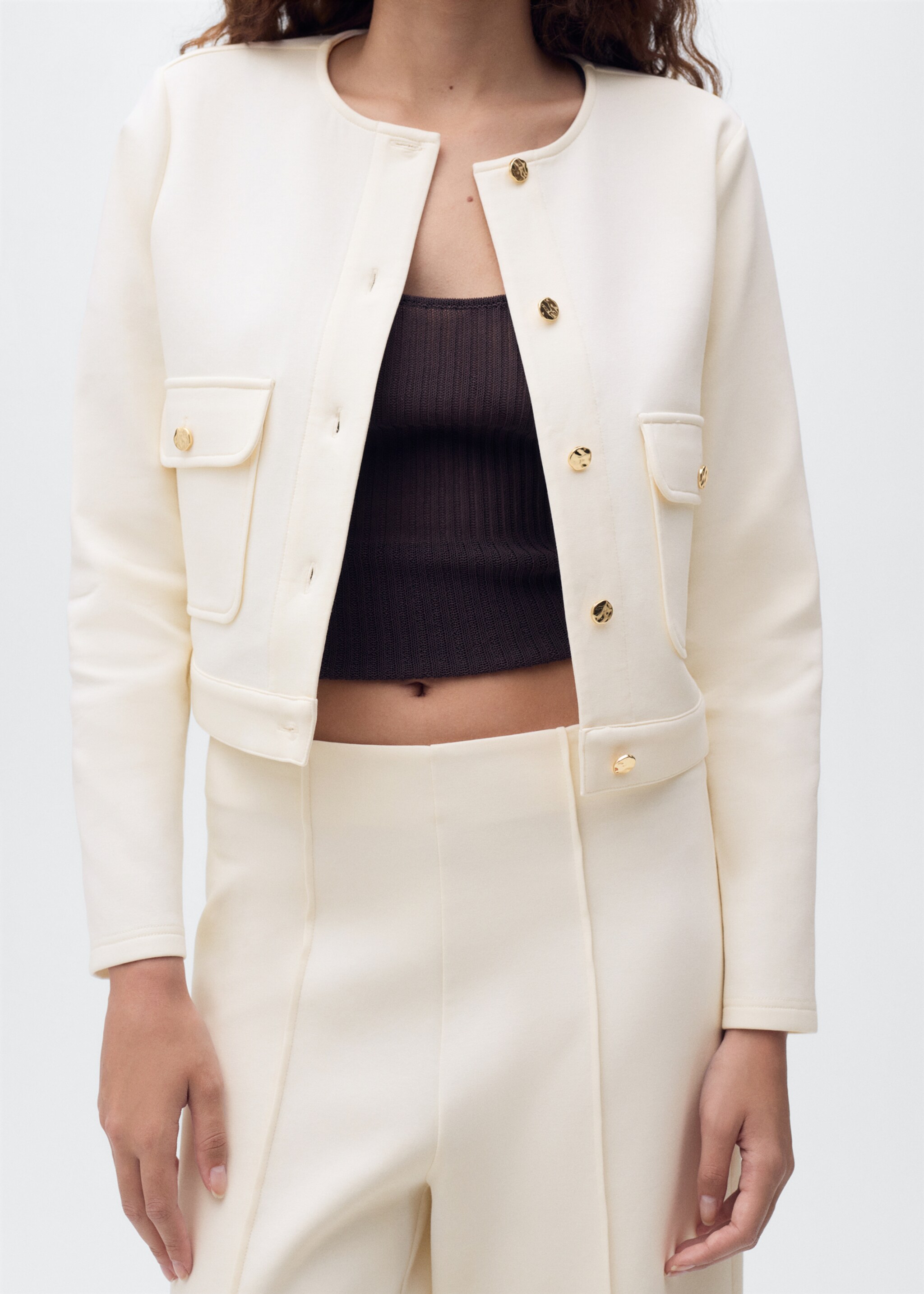 Cotton crop trousers - Details of the article 1, Ecru. Ref: 17084074-00.