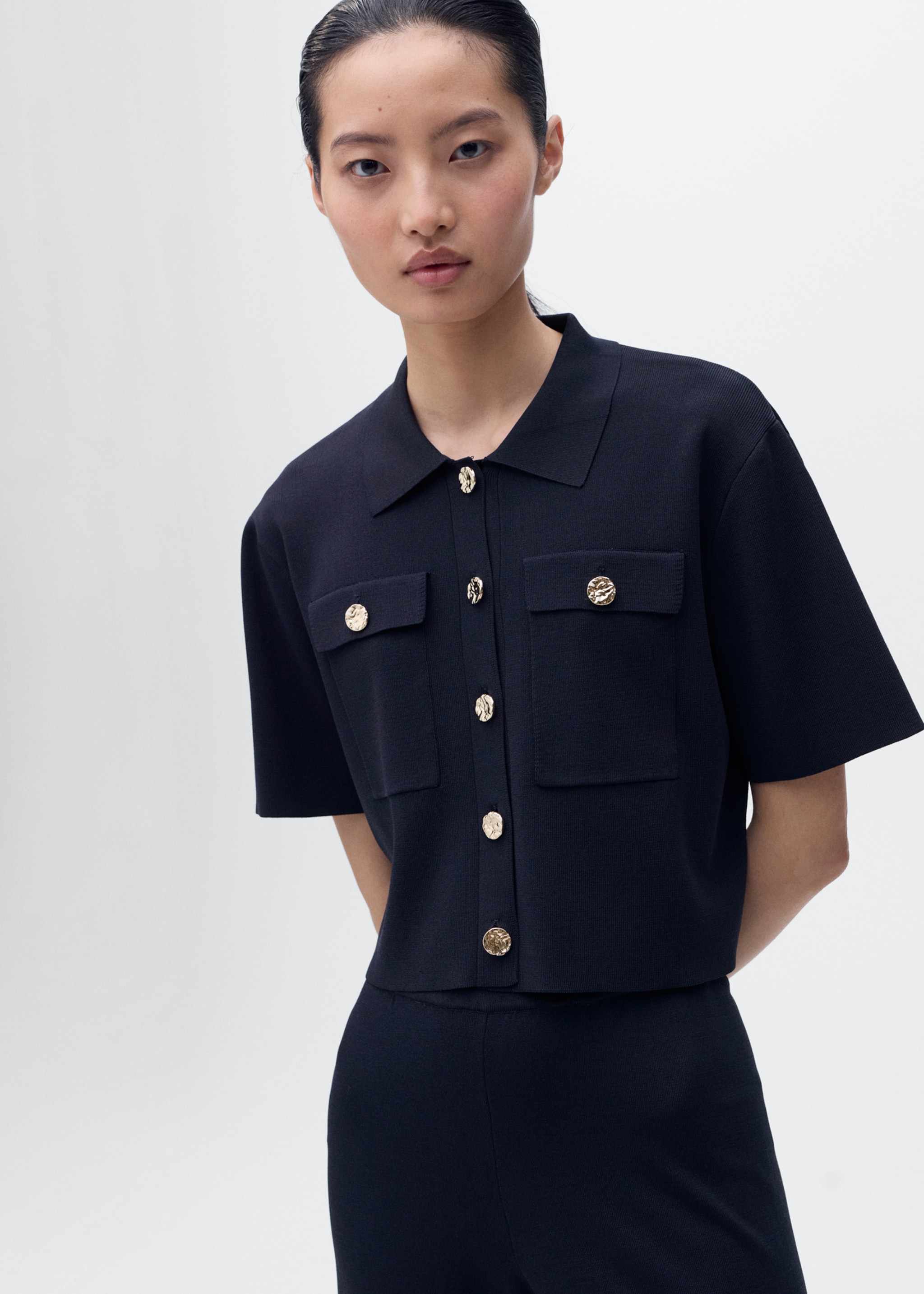 Short-sleeved knitted jacket - Medium plane, Navy. Ref: 17084076-00.