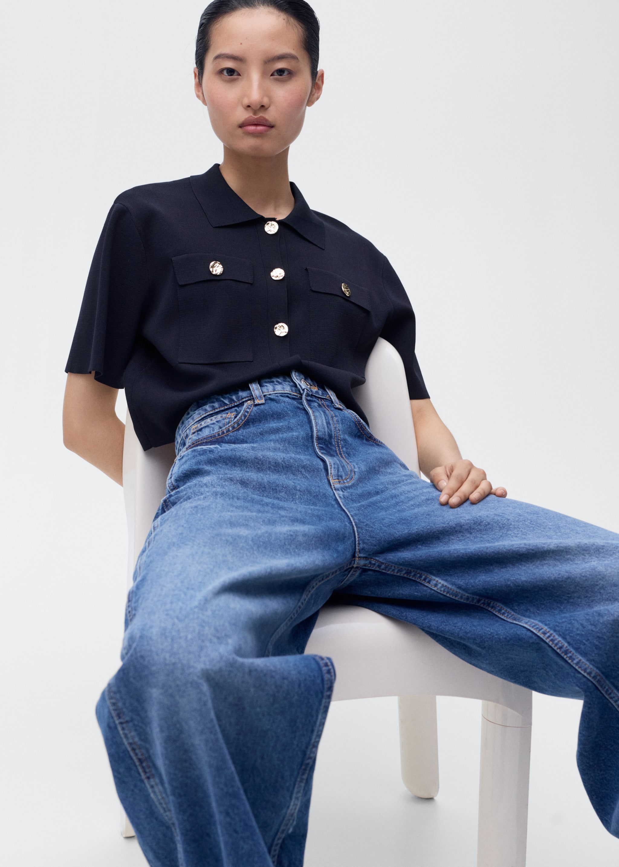 Short-sleeved knitted jacket - Details of the article 2, Navy. Ref: 17084076-00.