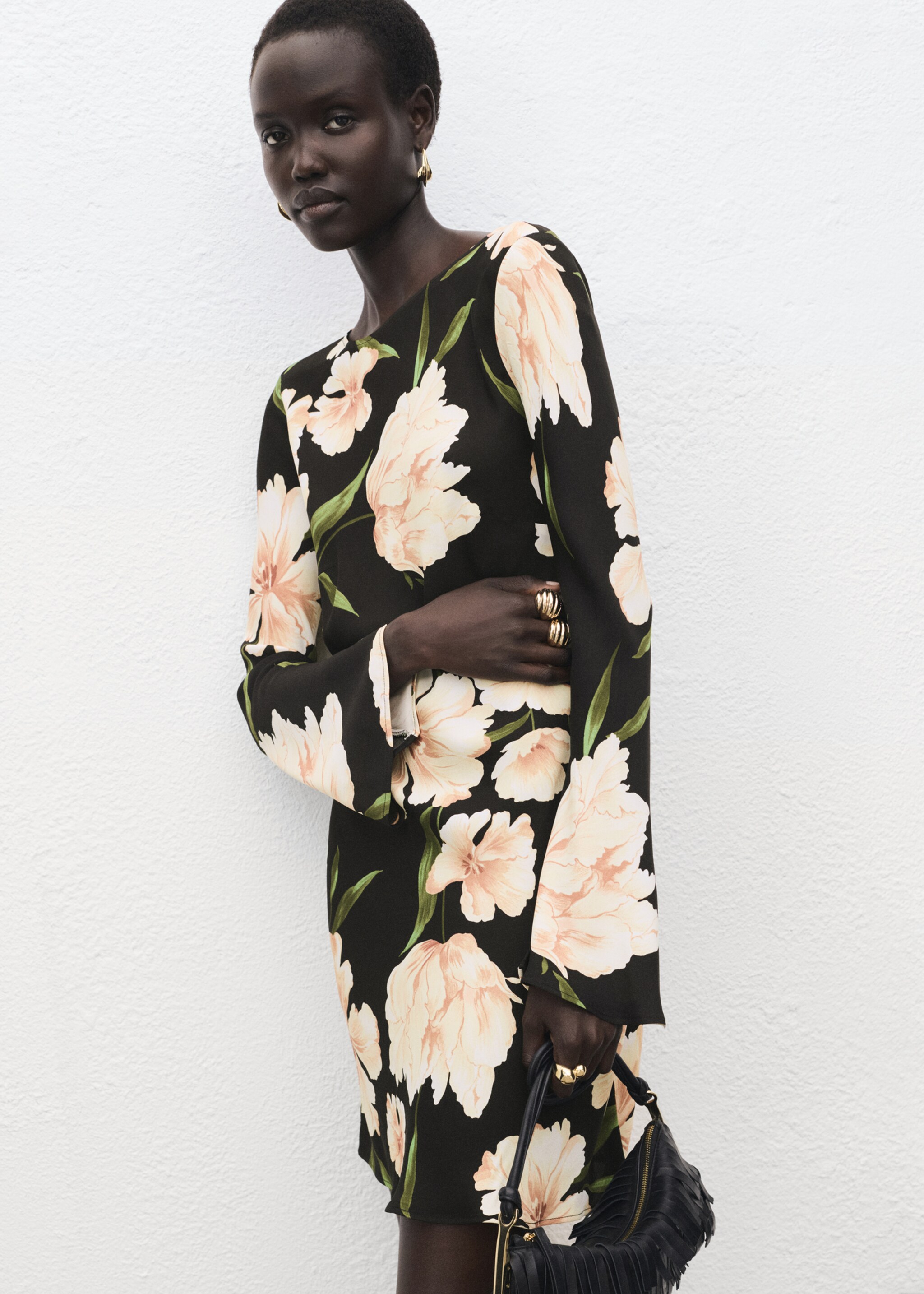 Floral print flared sleeve dress - Medium plane, Black. Ref: 17084080-00.