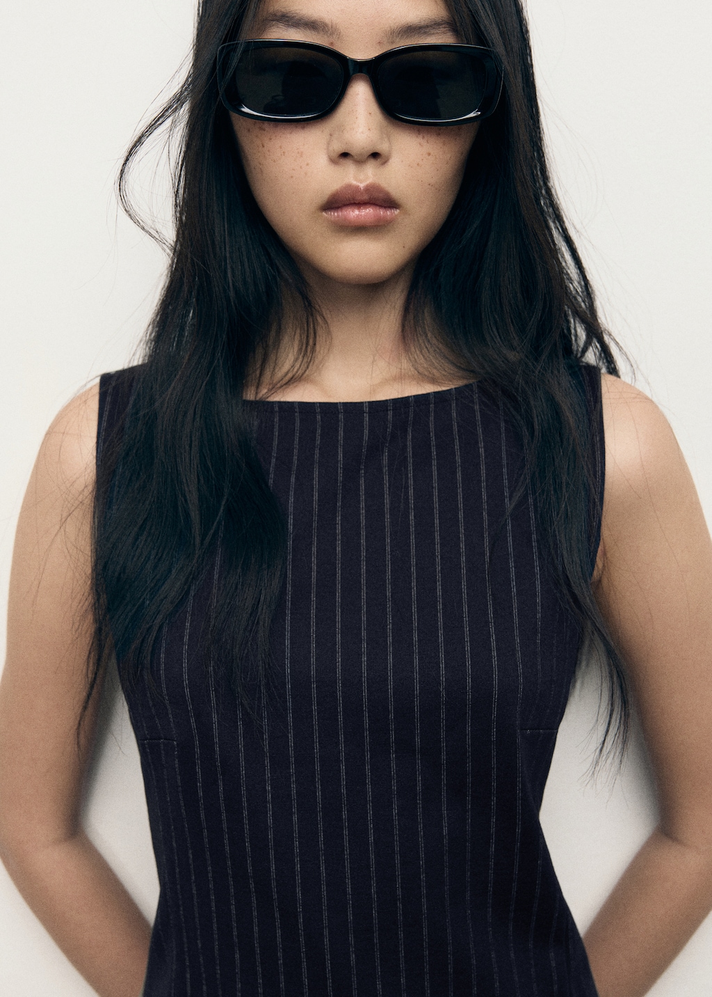 Boat-neck pinstripe dress