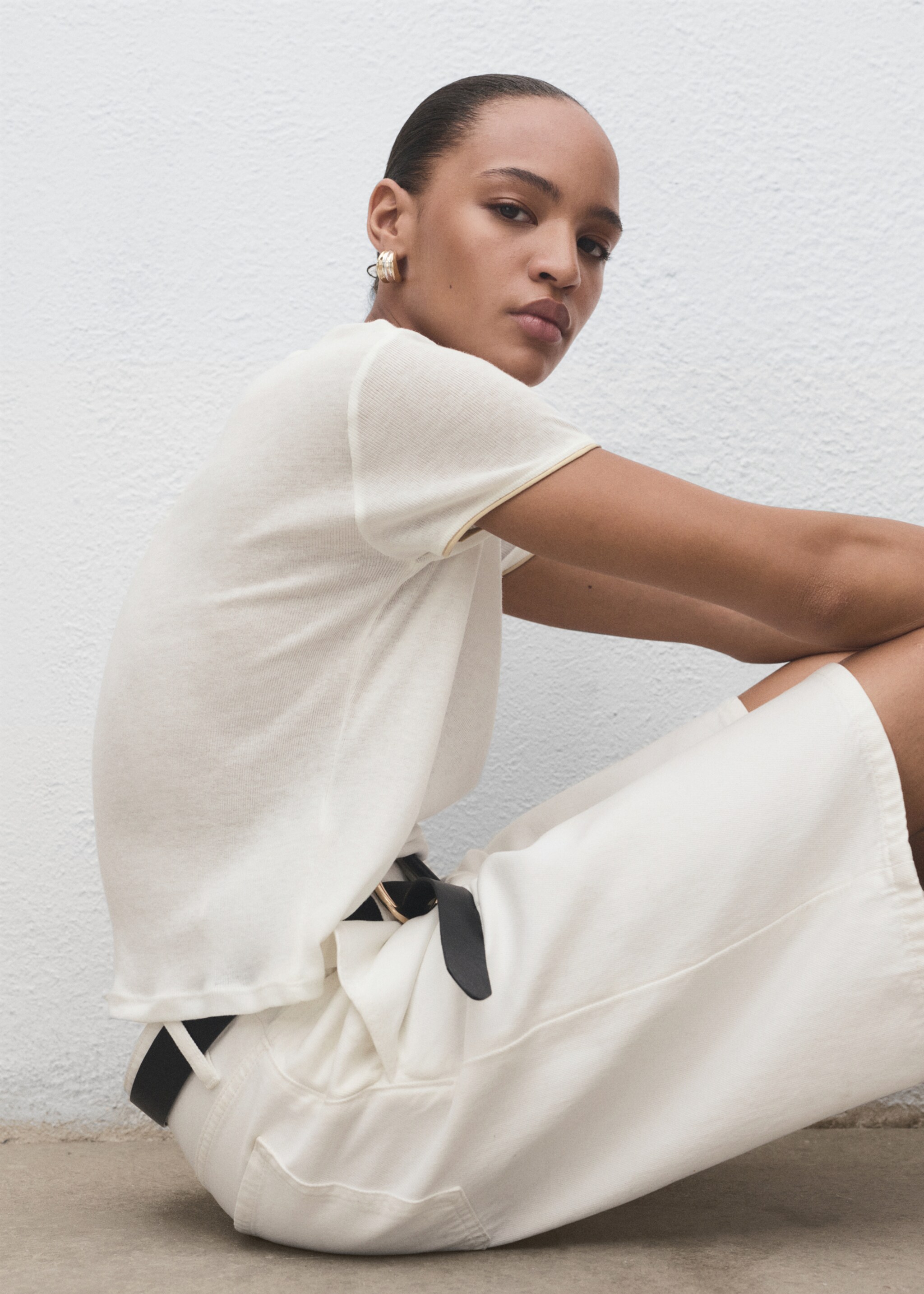 Combined cotton t-shirt - Details of the article 2, Ecru. Ref: 17084093-00.
