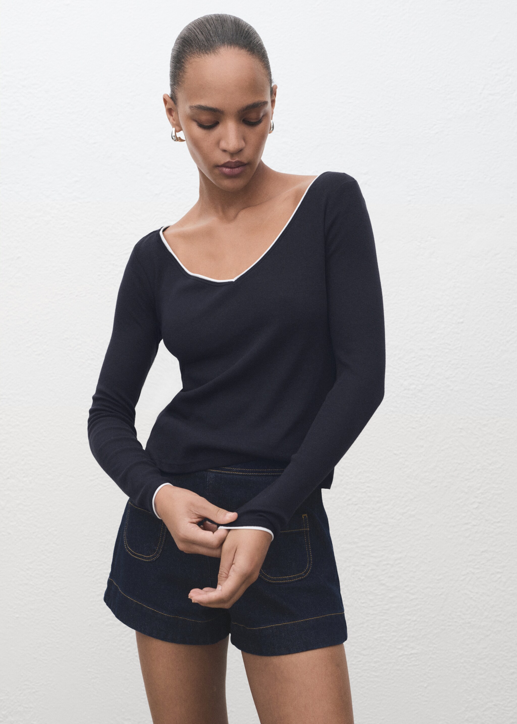 V-neck combined-fabric t-shirt - Medium plane, Dark Navy. Ref: 17084094-00.